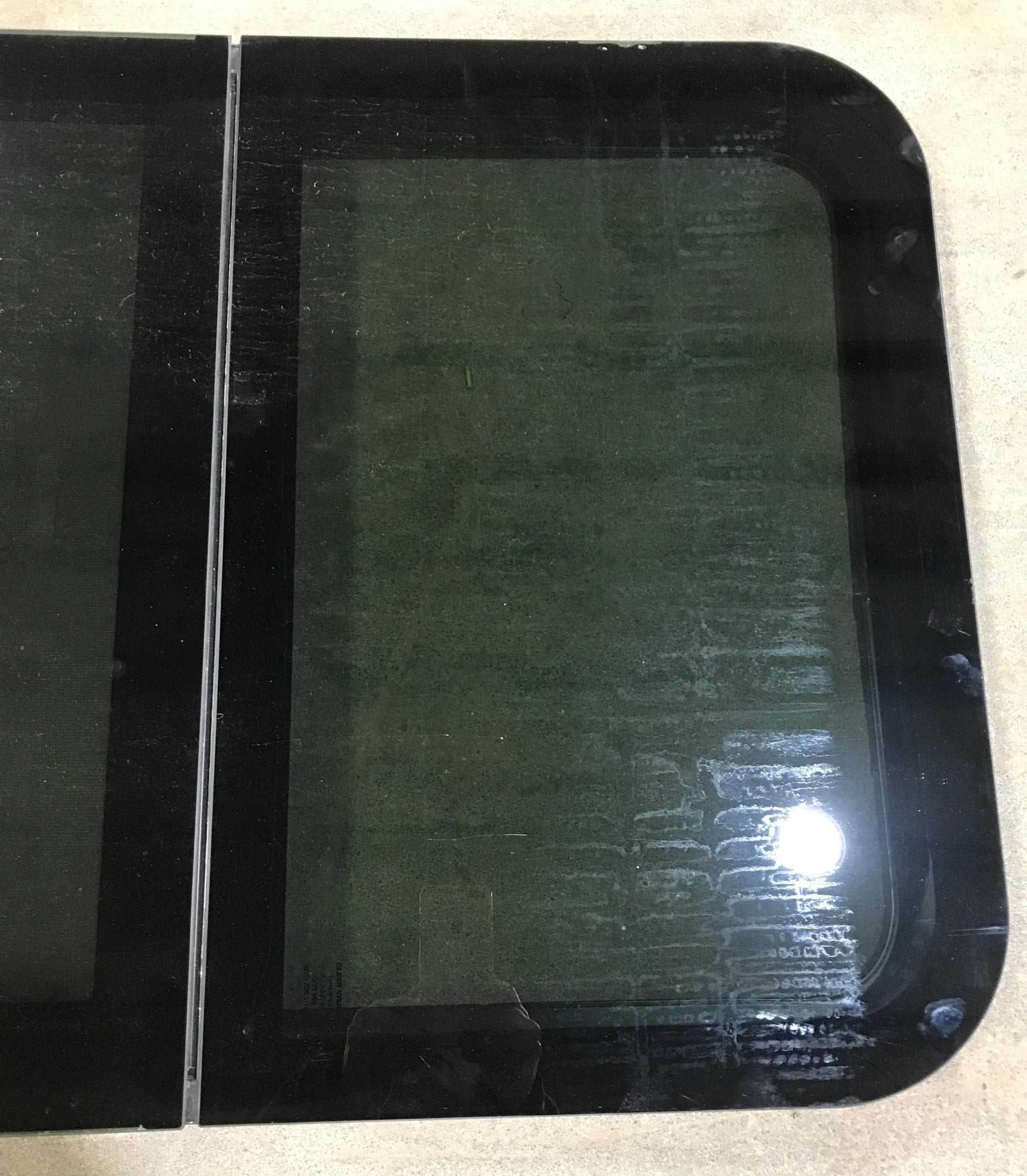 Used Black Radius Frameless Opening Window : 39 1/4 X 23 1/2 X 1 1/2" D - Young Farts RV Parts