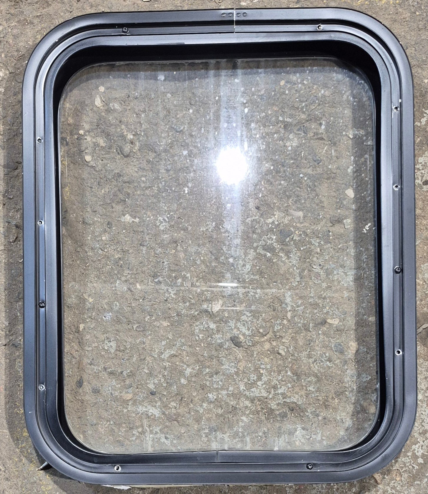 Used Black Radius Non Opening Window : 17 1/2" W x 21 1/4" H x 1 7/8" - Young Farts RV Parts