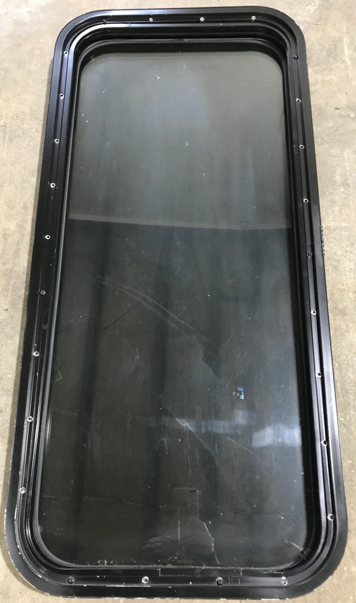Used Black Radius Non Opening Window : 17 1/2" W x 39 1/2" H x 1 7/8" D - Young Farts RV Parts