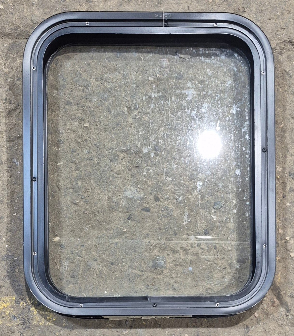 Used Black Radius Non Opening Window : 17 1/4" W x 21 1/2" H x 1 7/8" - Young Farts RV Parts