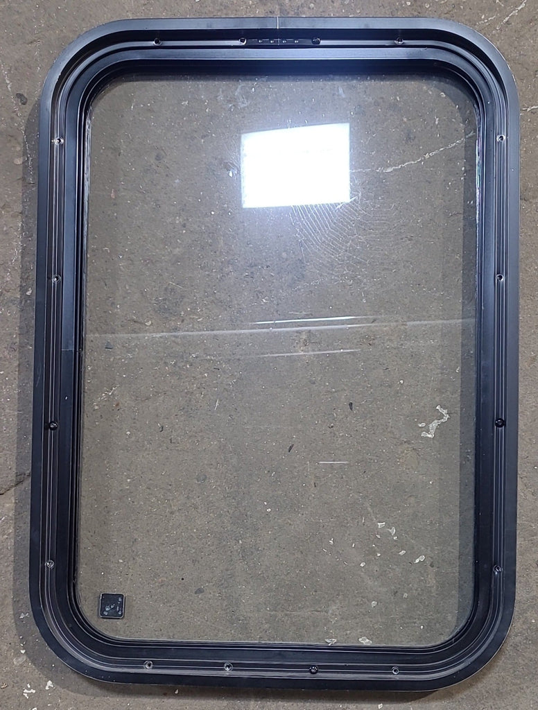 Used Black Radius Non Opening Window : 18 1/4" W x 26" H x 1 1/2" D - Young Farts RV Parts