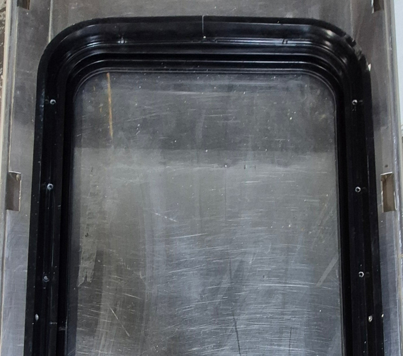 Used Black Radius Non Opening Window : 18 1/4" W x 35 3/4" H x 1 3/4" - Young Farts RV Parts