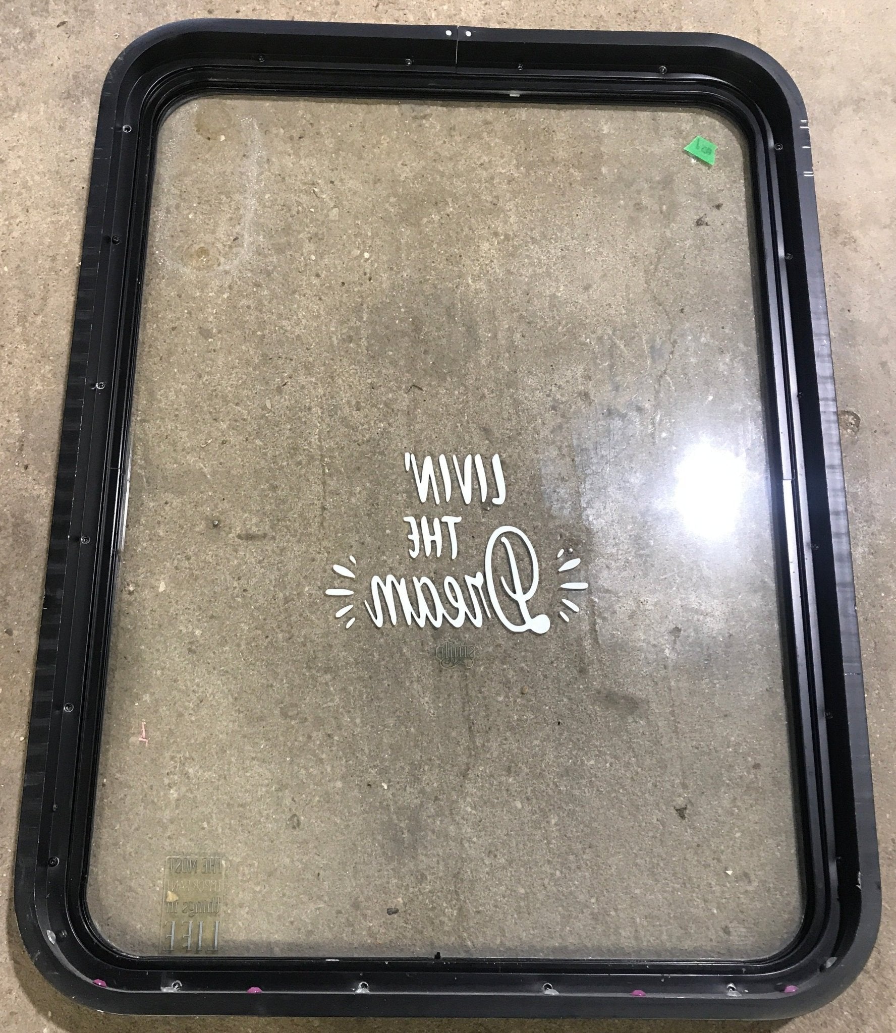 Used Black Radius Non Opening Window : 35 1/2" W x 26 1/2" H x 1 7/8" D - Young Farts RV Parts