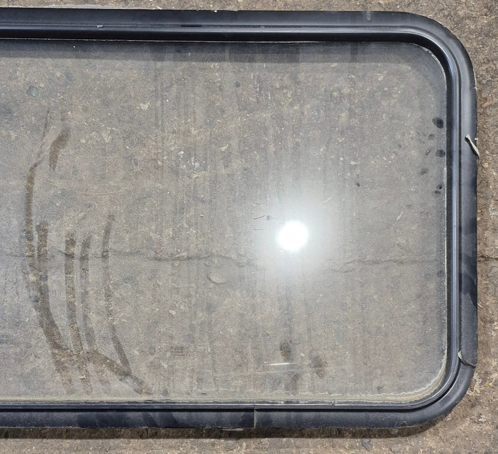Used Black Radius Non Opening Window : 41 1/2" W x 21 1/2" H x 1 1/2" - Young Farts RV Parts