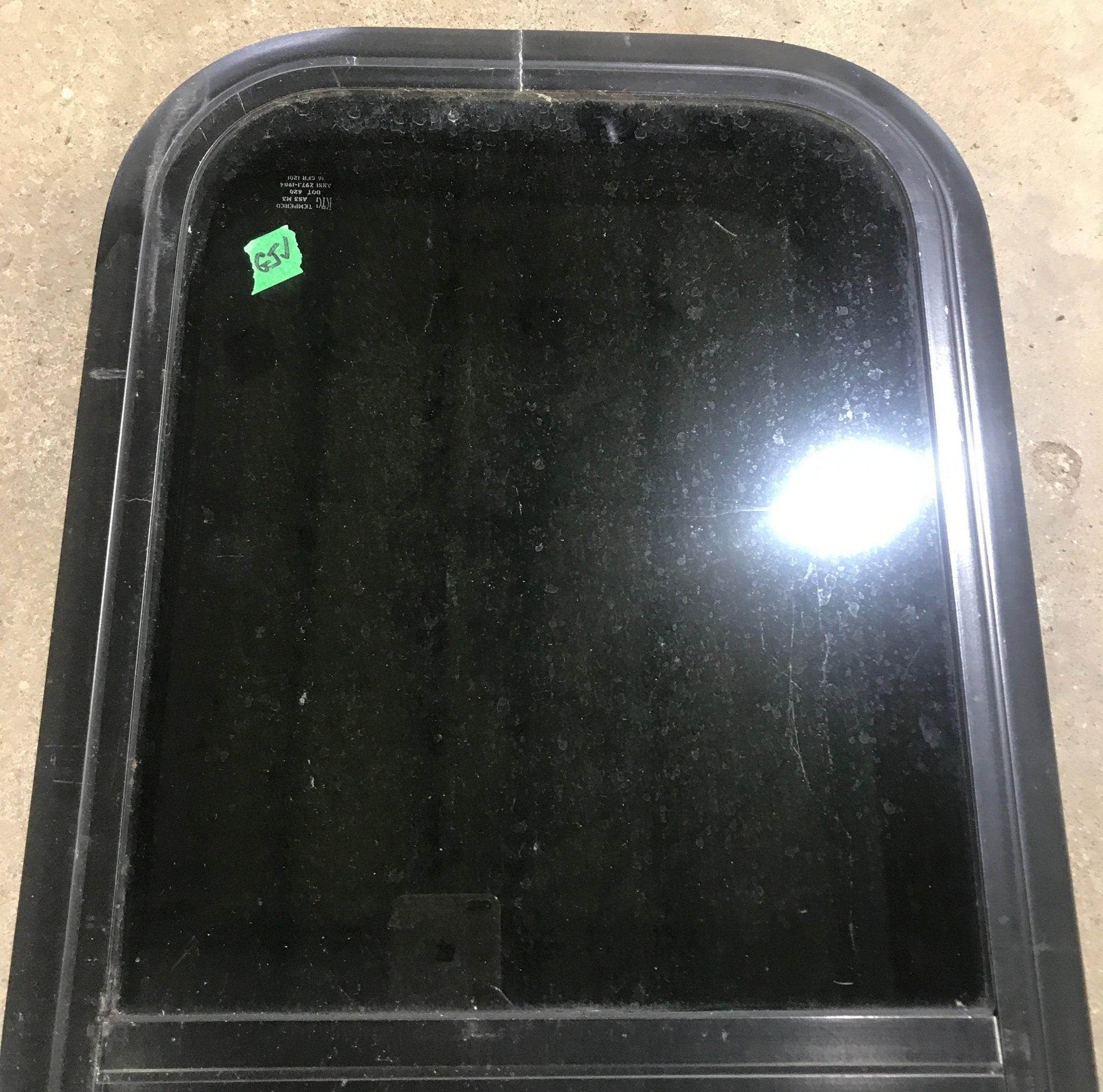 Used Black Radius Opening Window : 13 1/2" W x 25 1/2" H x 1 7/8" D - Young Farts RV Parts