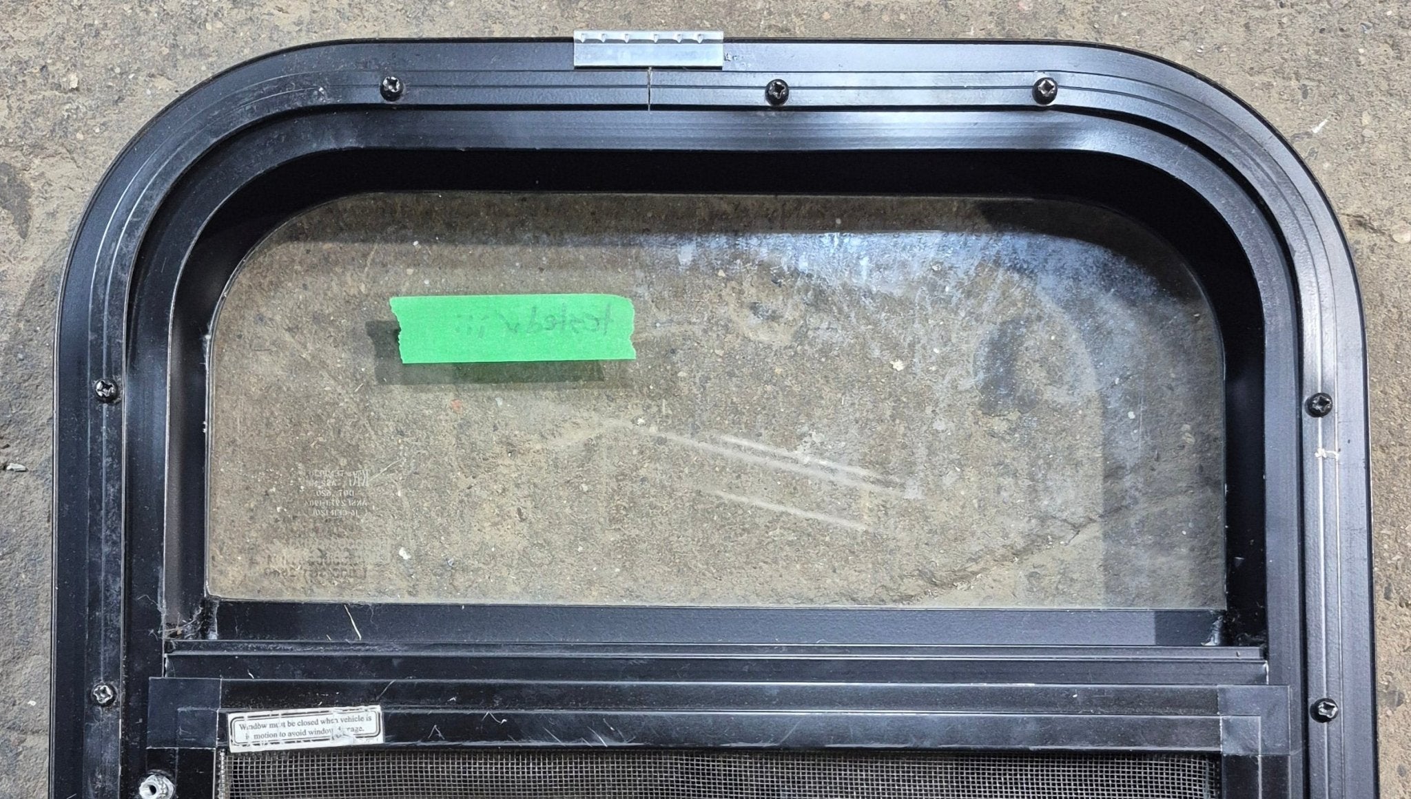 Used Black Radius Opening Window : 15 1/4" W x 15 1/4" H x 1 3/8" D - Young Farts RV Parts