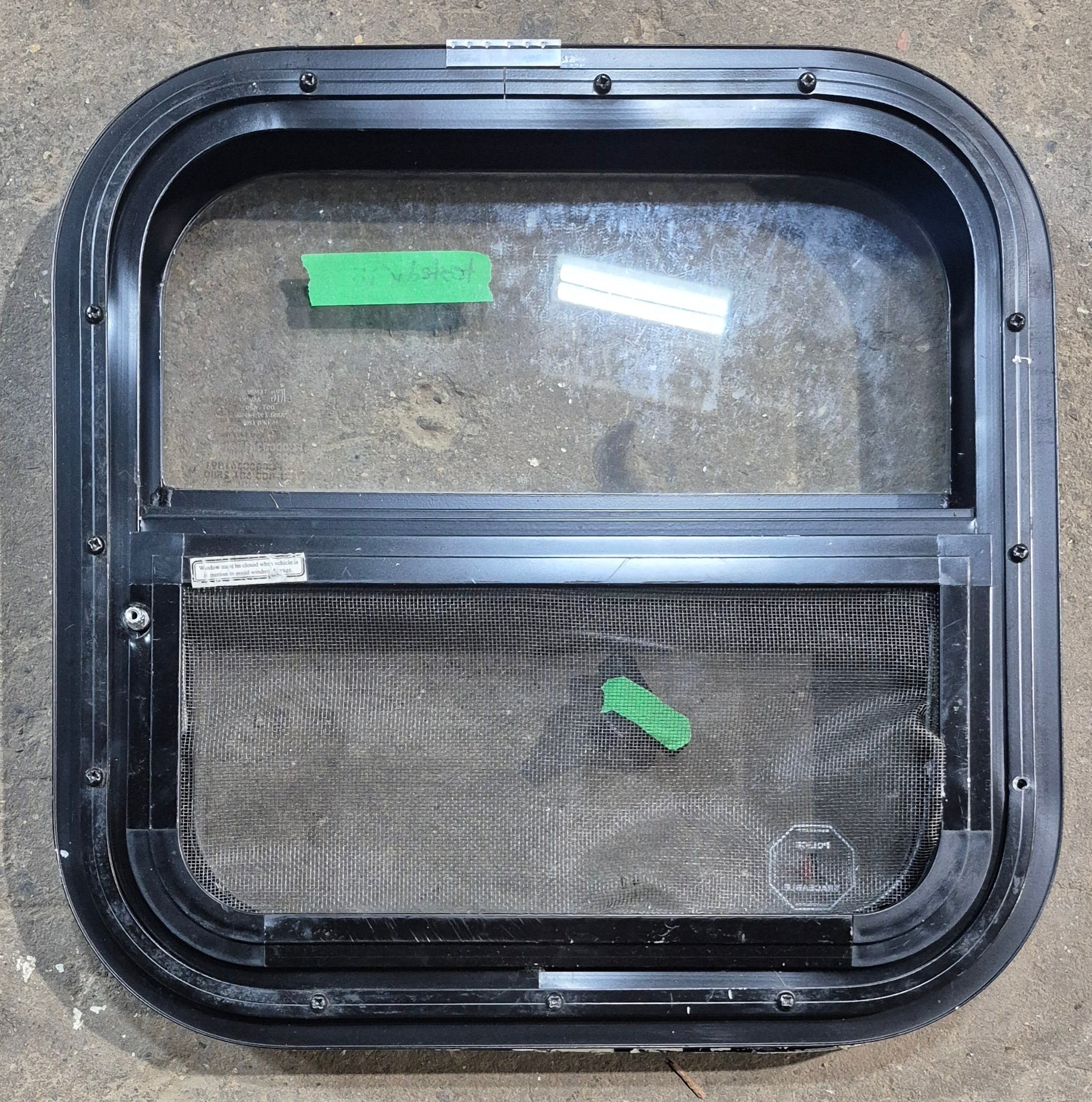 Used Black Radius Opening Window : 15 1/4" W x 15 1/4" H x 1 3/8" D - Young Farts RV Parts