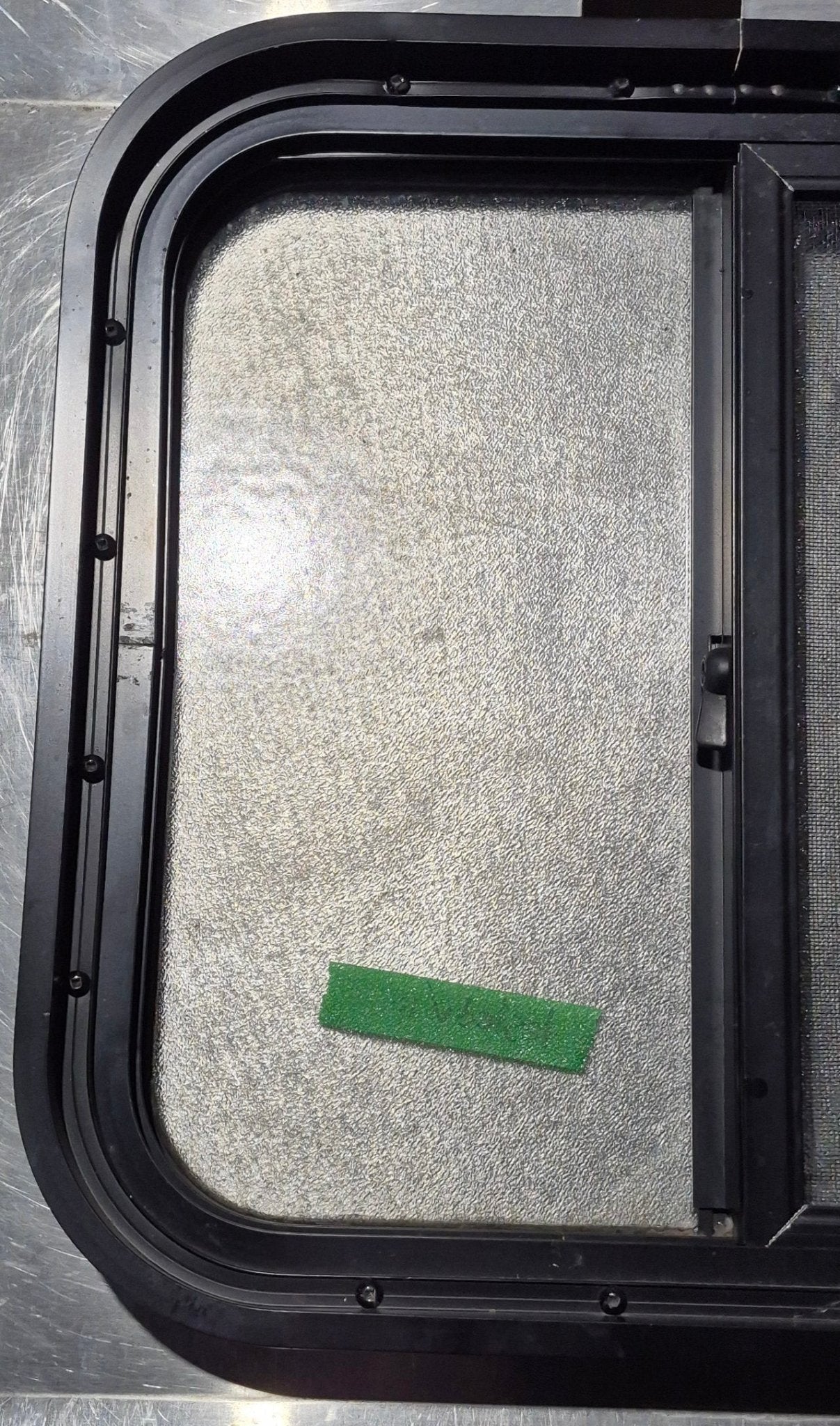 Used Black Radius Opening Window : 18 1/4" W x 17 3/4" H x 1 3/4" - Young Farts RV Parts