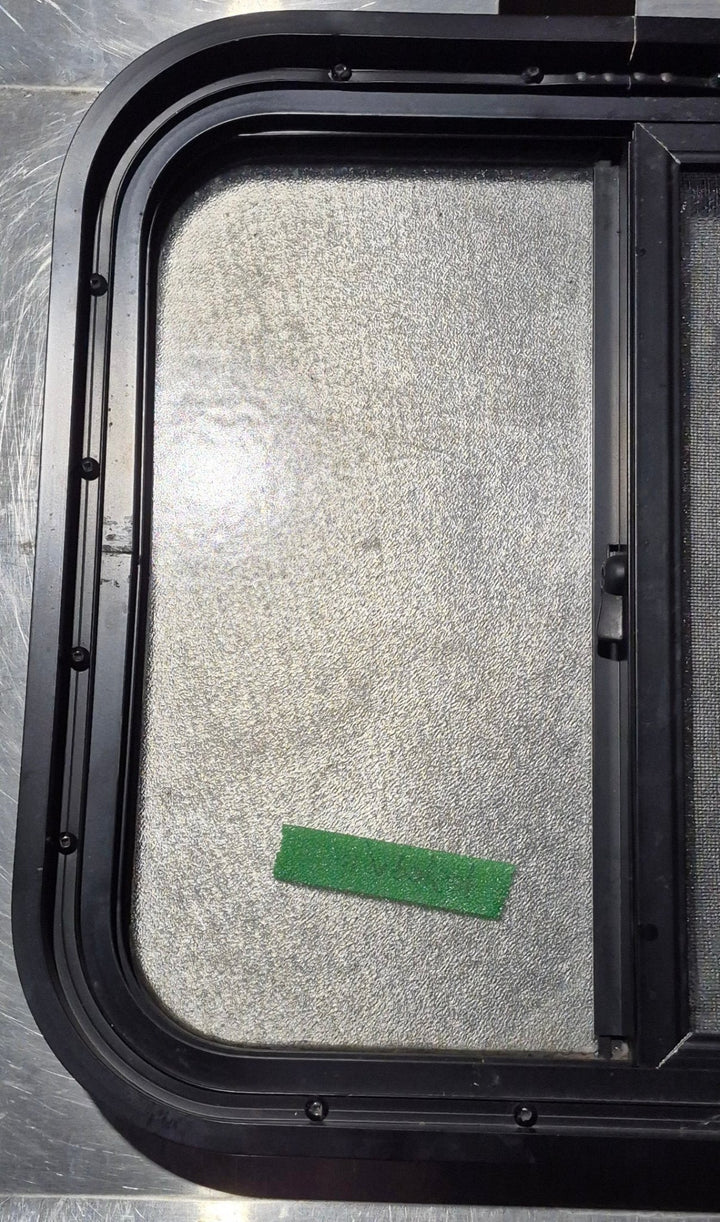 Used Black Radius Opening Window : 18 1/4" W x 17 3/4" H x 1 3/4" - Young Farts RV Parts
