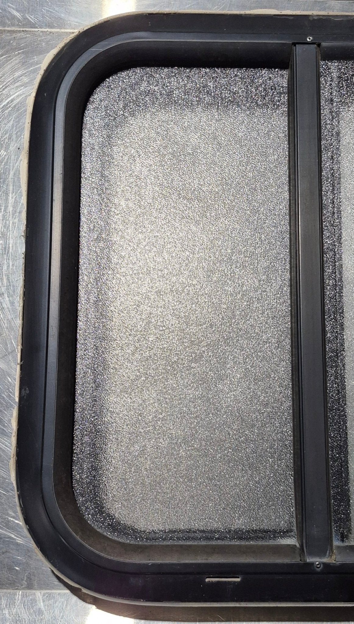 Used Black Radius Opening Window : 18 1/4" W x 17 3/4" H x 1 3/4" - Young Farts RV Parts