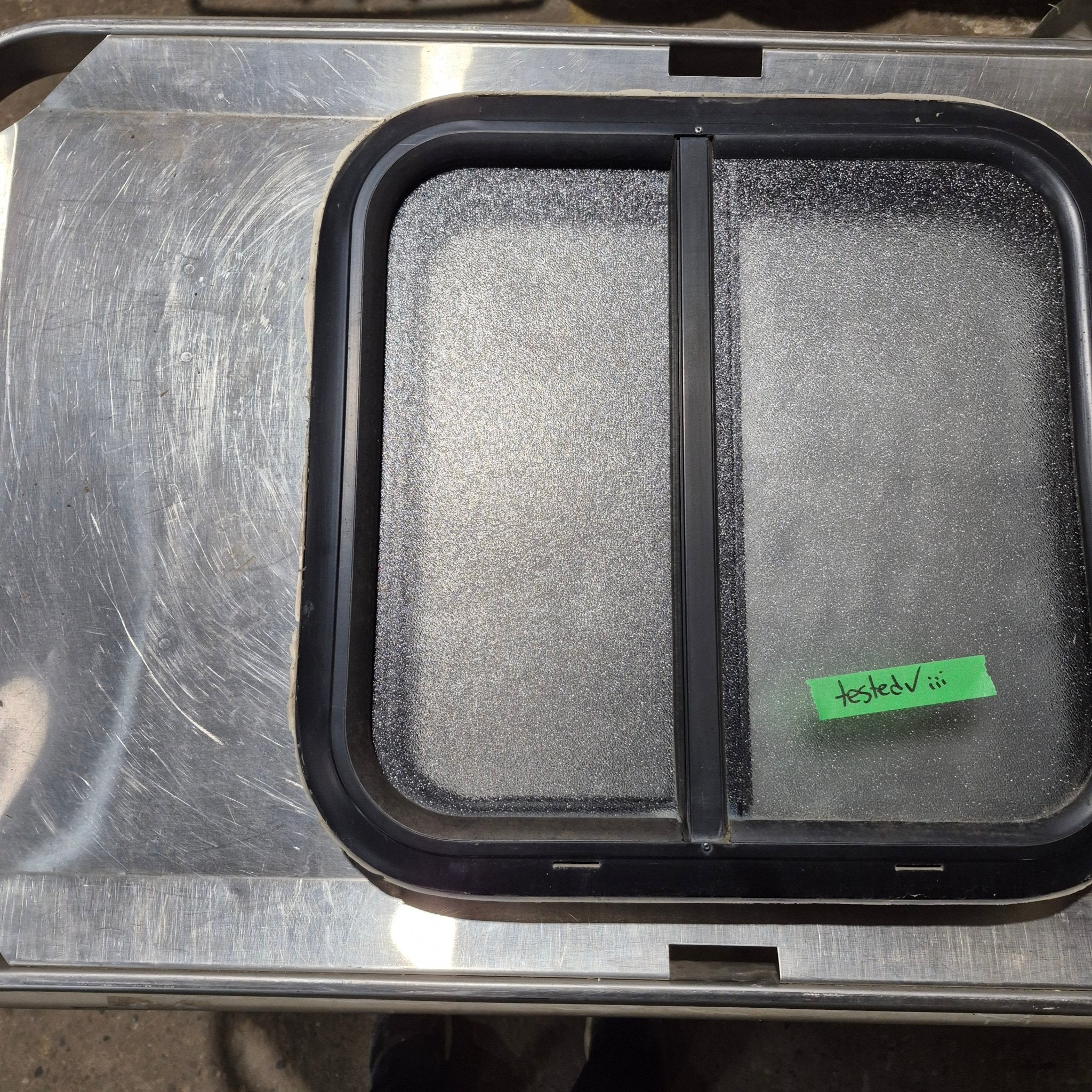 Used Black Radius Opening Window : 18 1/4" W x 17 3/4" H x 1 3/4" - Young Farts RV Parts