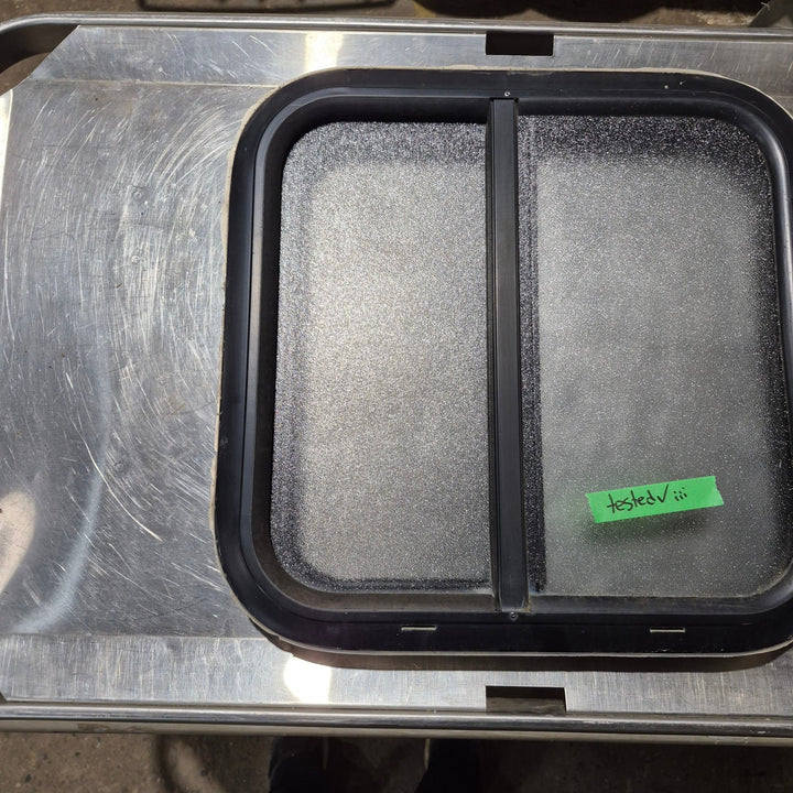 Used Black Radius Opening Window : 18 1/4" W x 17 3/4" H x 1 3/4" - Young Farts RV Parts