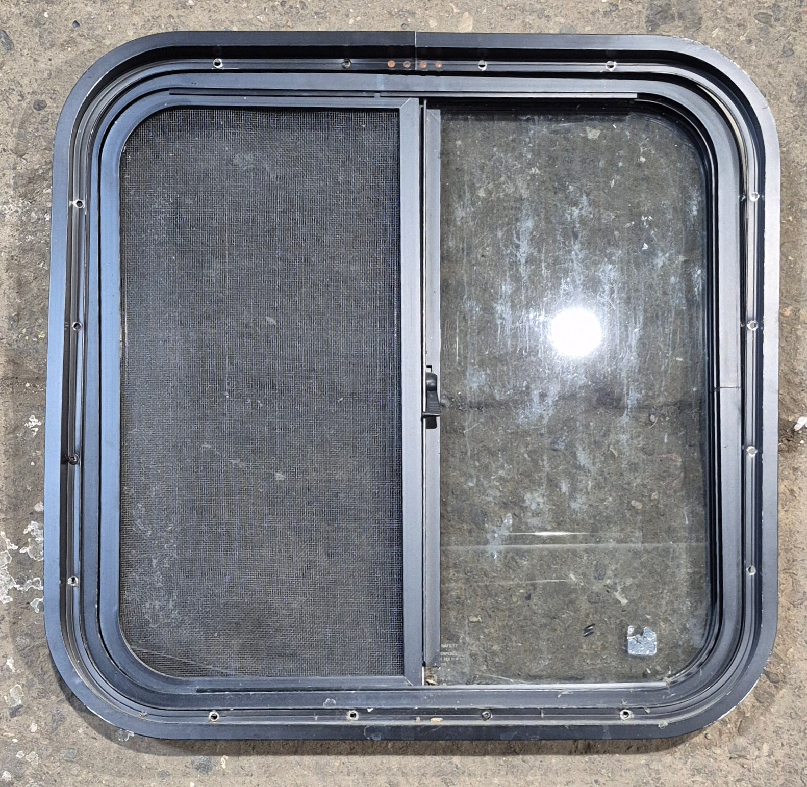 Used Black Radius Opening Window : 20 3/4" W x 20" H x 1 3/4" - Young Farts RV Parts