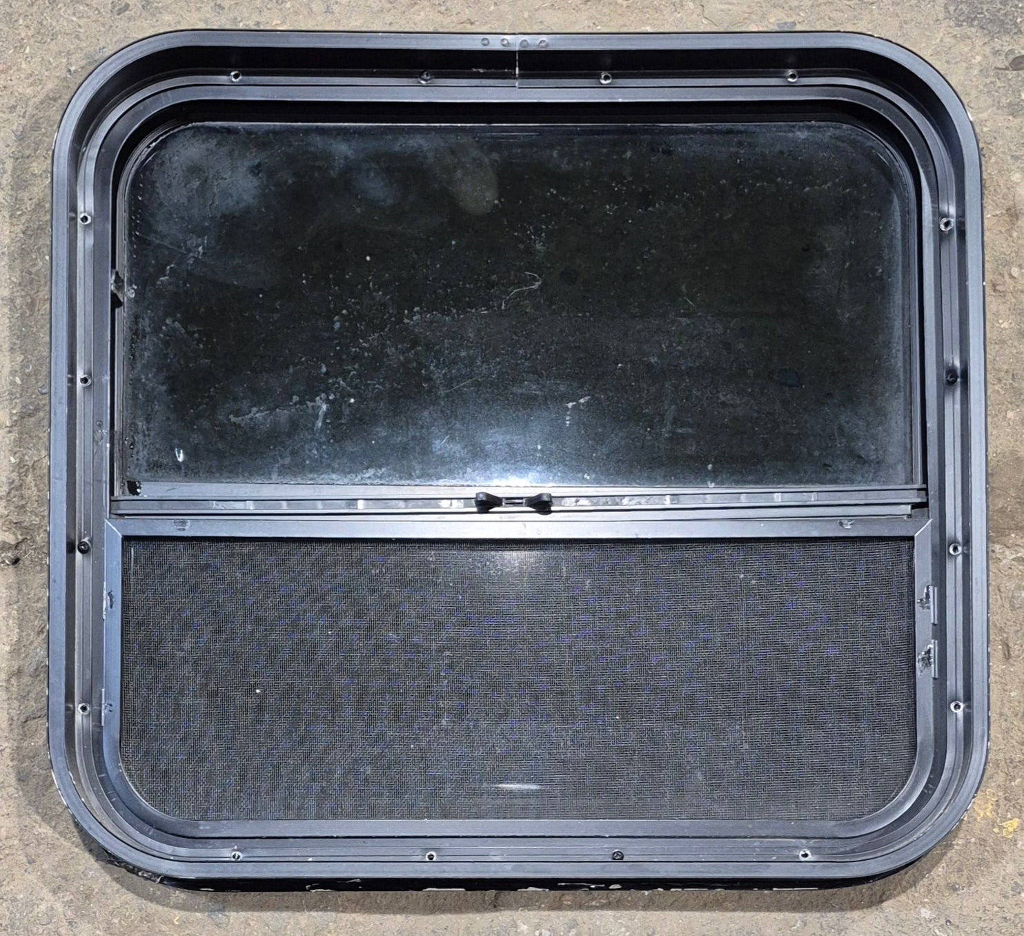 Used Black Radius Opening Window : 23 1/2" W x 21 1/4" H x 2" - Young Farts RV Parts