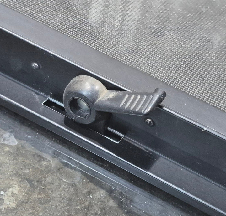 Used Black Radius Opening Window : 25 1/2" W x 20" H x 1 3/4" - Young Farts RV Parts