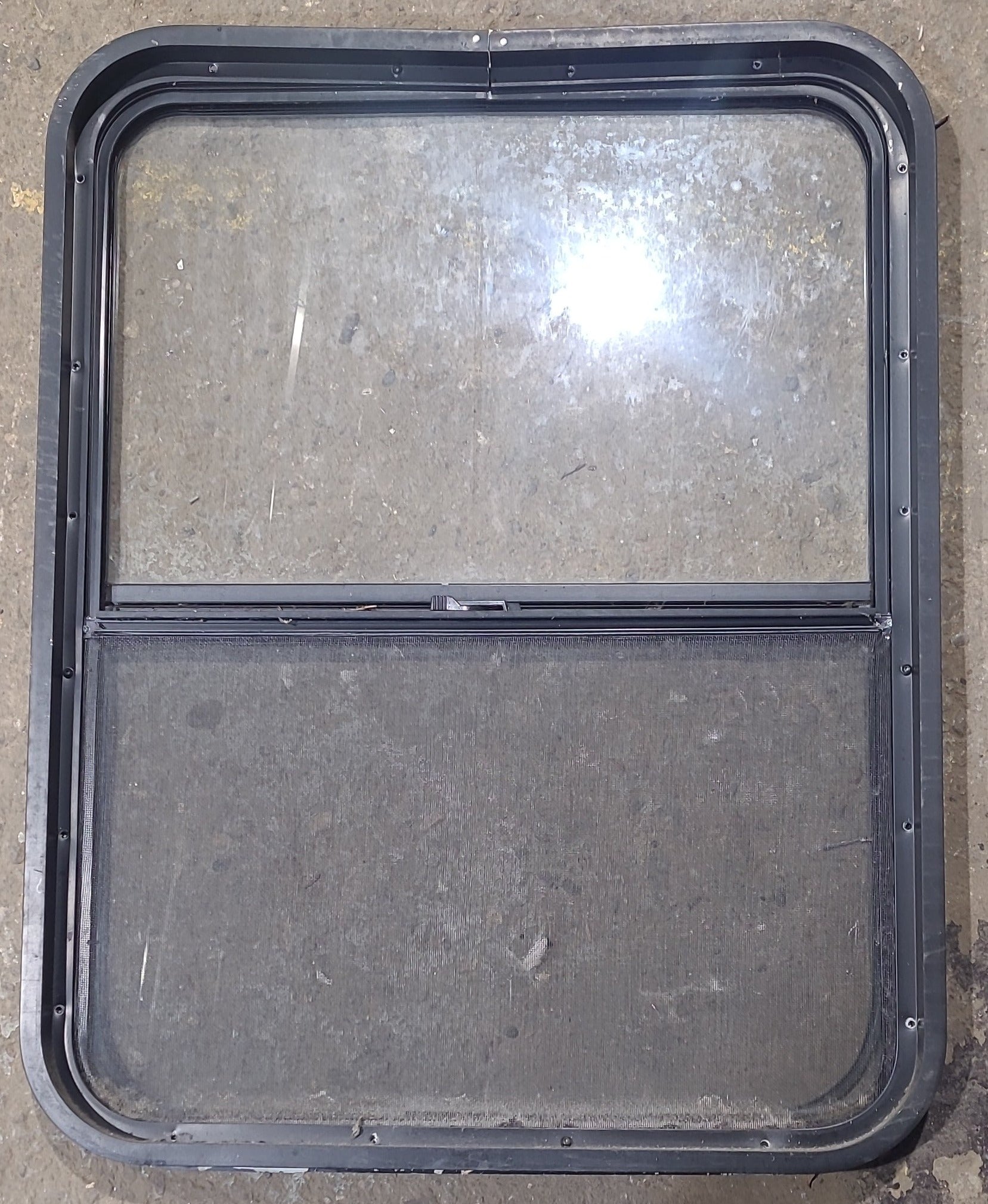 Used Black Radius Opening Window : 26 1/4" W x 34 1/4" H x 1 7/8" D - Young Farts RV Parts