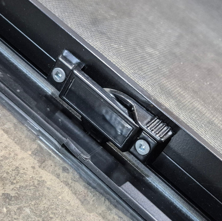 Used Black Radius Opening Window : 29 1/2" W x 14 3/4" H x 1 7/8" - Young Farts RV Parts