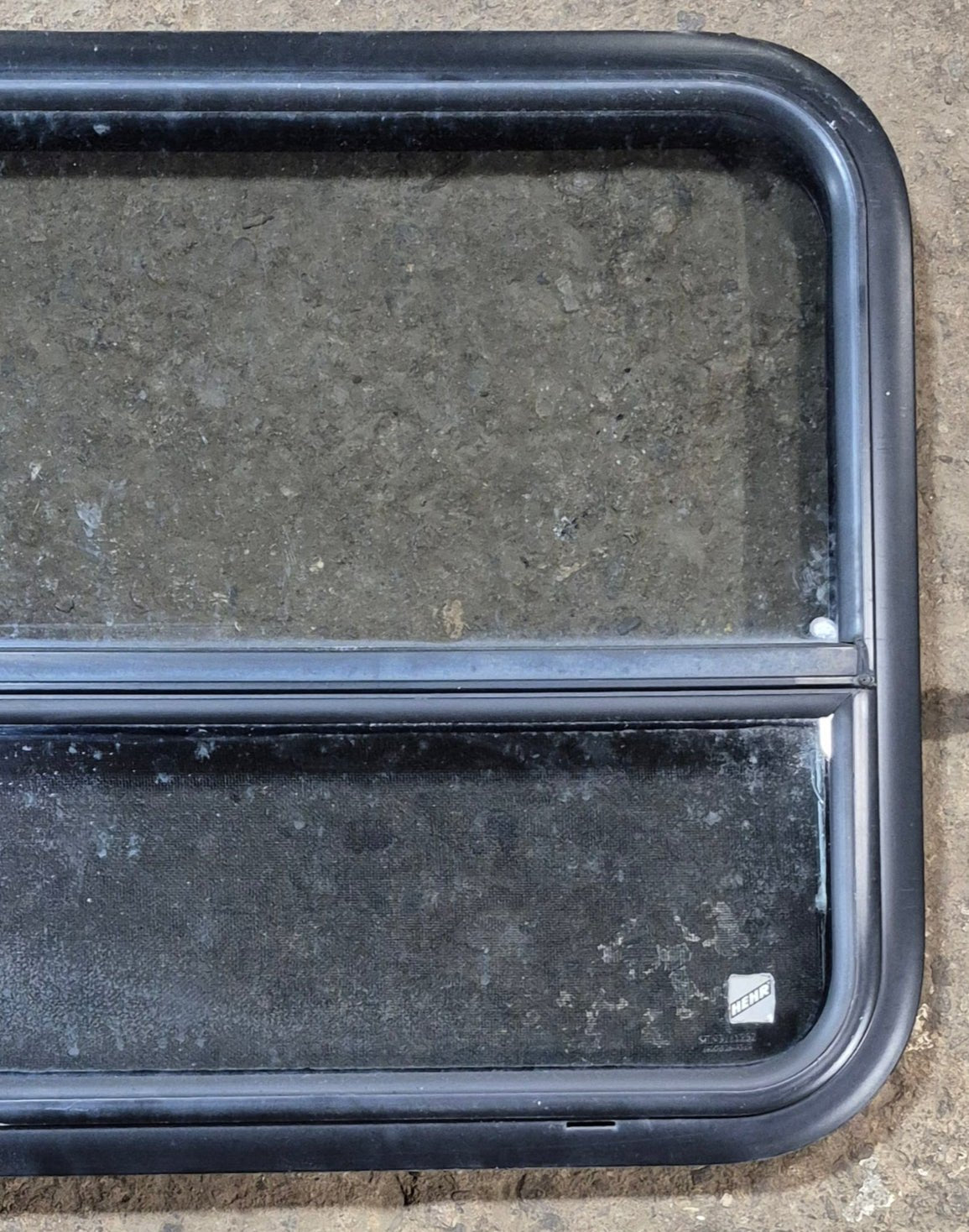 Used Black Radius Opening Window : 29 3/4" W x 21 1/2" H x 1 3/4" - Young Farts RV Parts