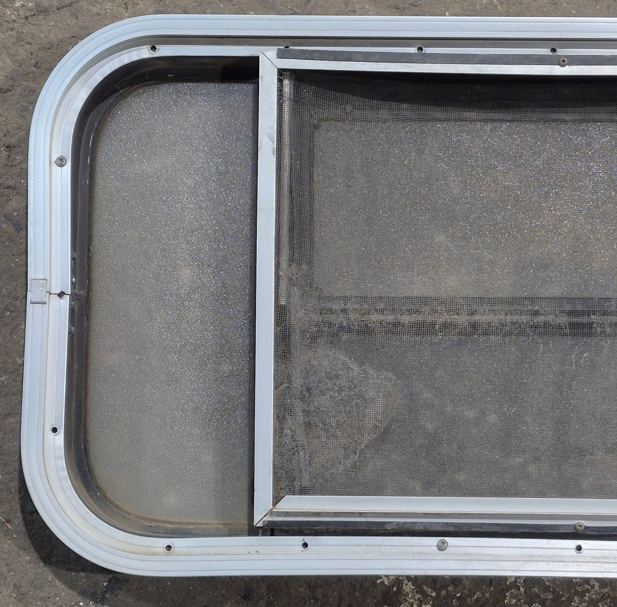 Used Black Radius Opening Window : 30 1/4" x 14 7/8" x 1 3/4" D - Young Farts RV Parts