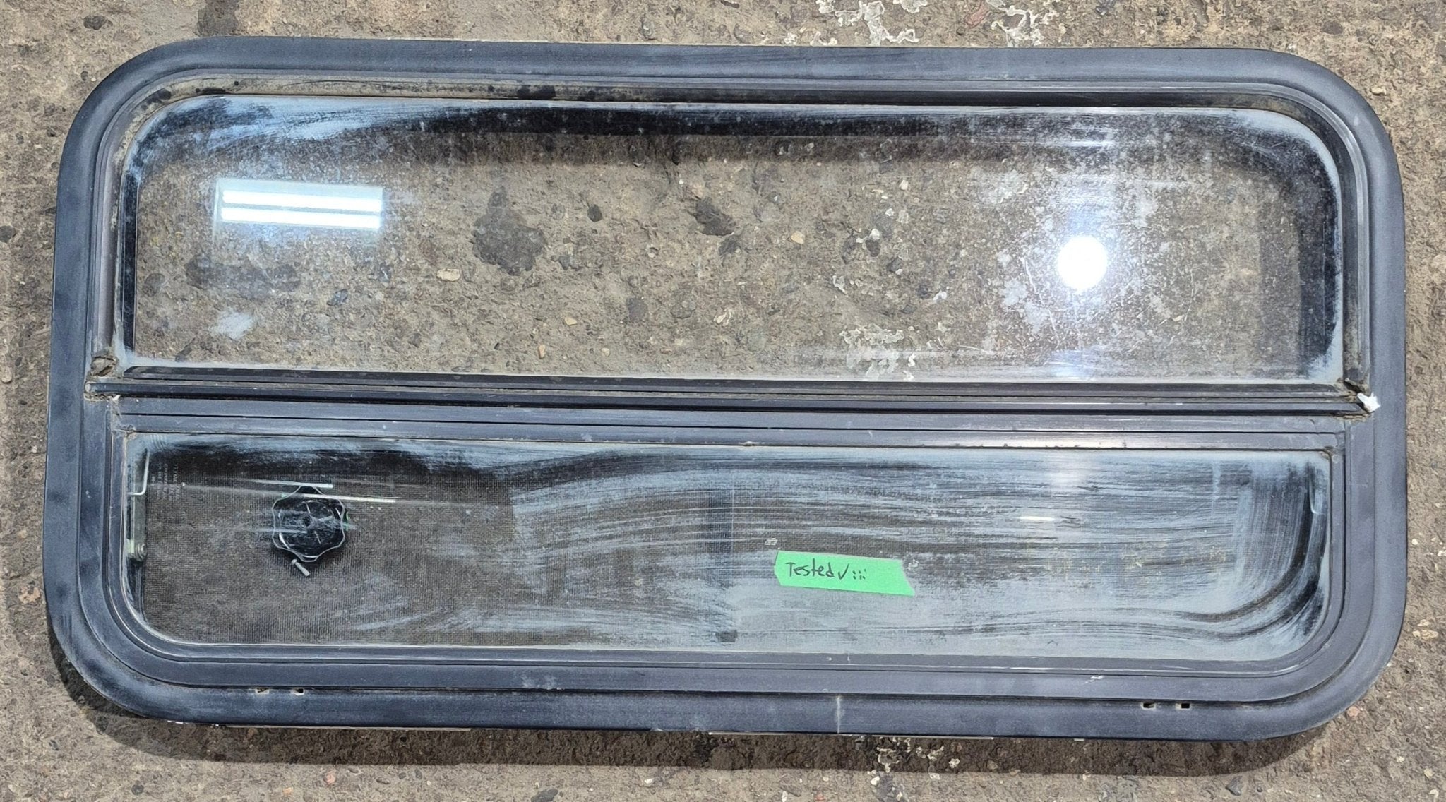 Used Black Radius Opening Window : 35 1/2" W x 17 1/4" H x 1 7/8" - Young Farts RV Parts