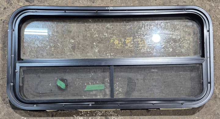 Used Black Radius Opening Window : 35 1/2" W x 17 1/4" H x 1 7/8" - Young Farts RV Parts