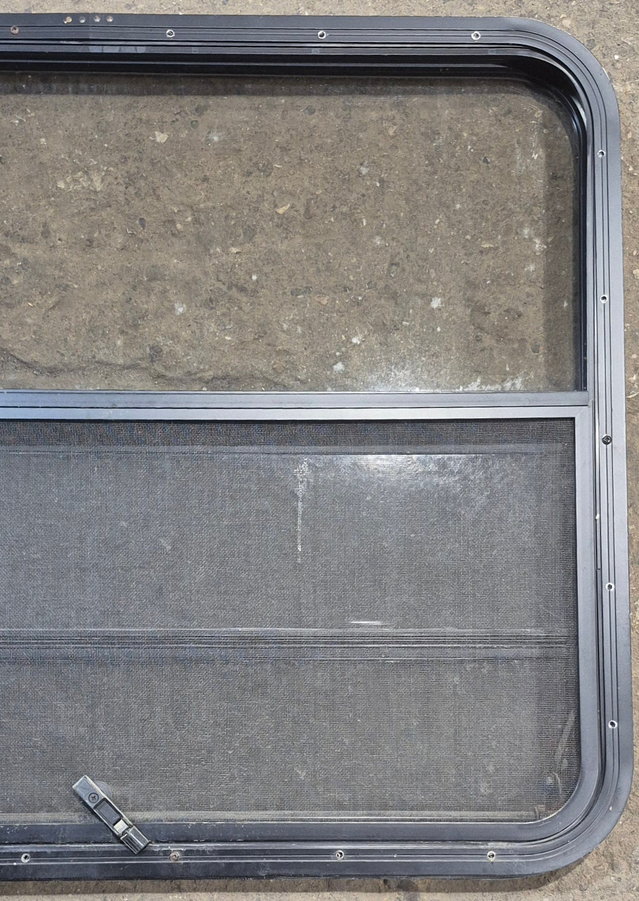 Used Black Radius Opening Window : 35 1/2" W x 28 3/4" H x 1 3/4" - Young Farts RV Parts
