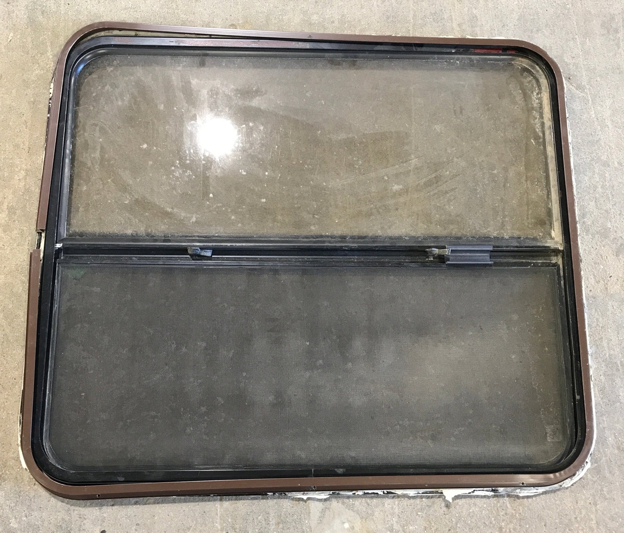 Used Black Radius Opening Window : 35 1/2" W x 30 1/4" H x 1" D - Young Farts RV Parts