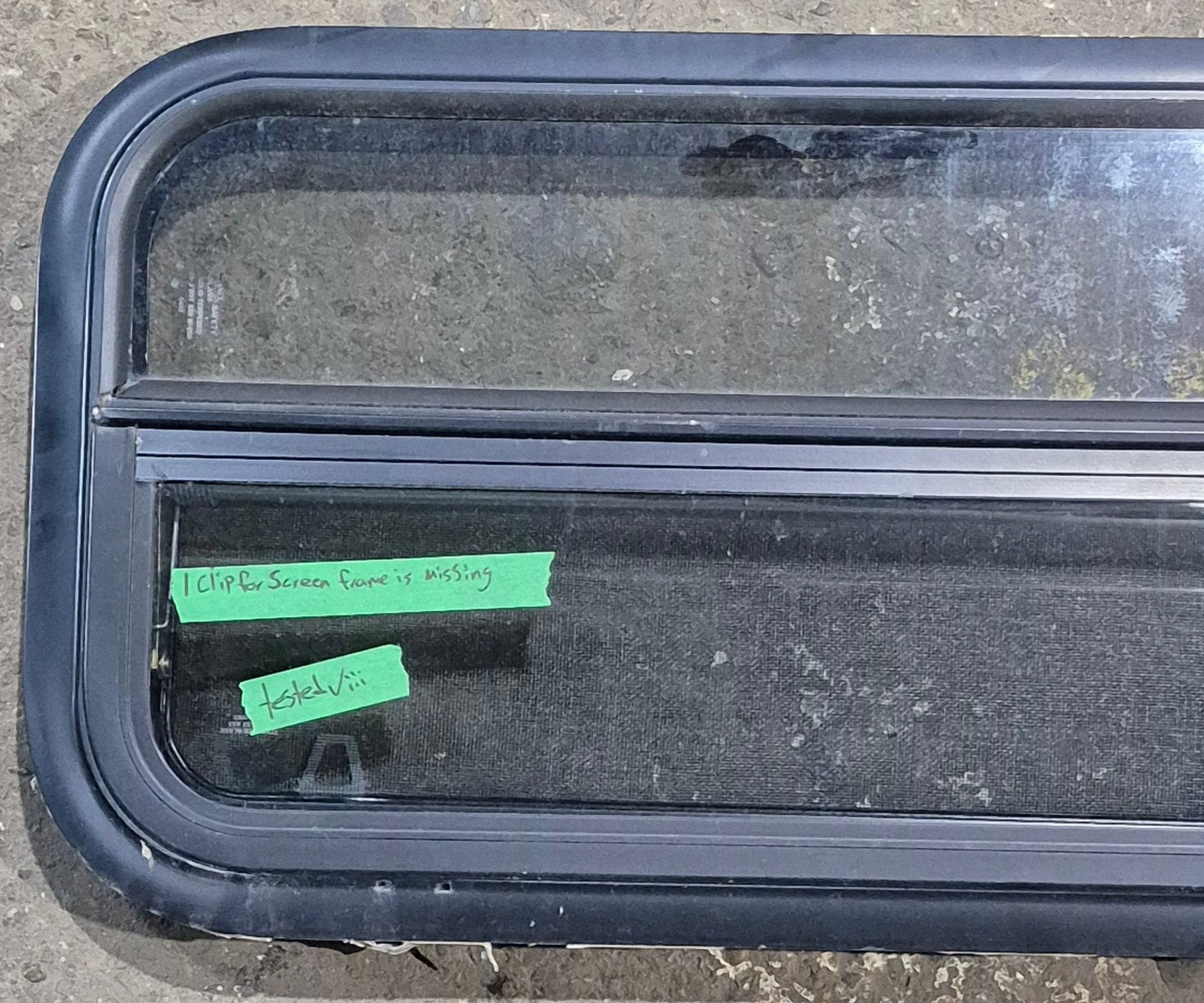 Used Black Radius Opening Window : 35 1/4" W x 14 1/2" H x 1 3/4" D - Young Farts RV Parts