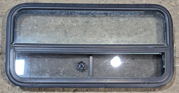 Used Black Radius Opening Window : 35 1/4" W x 17 1/4" H x 1 7/8" - Young Farts RV Parts
