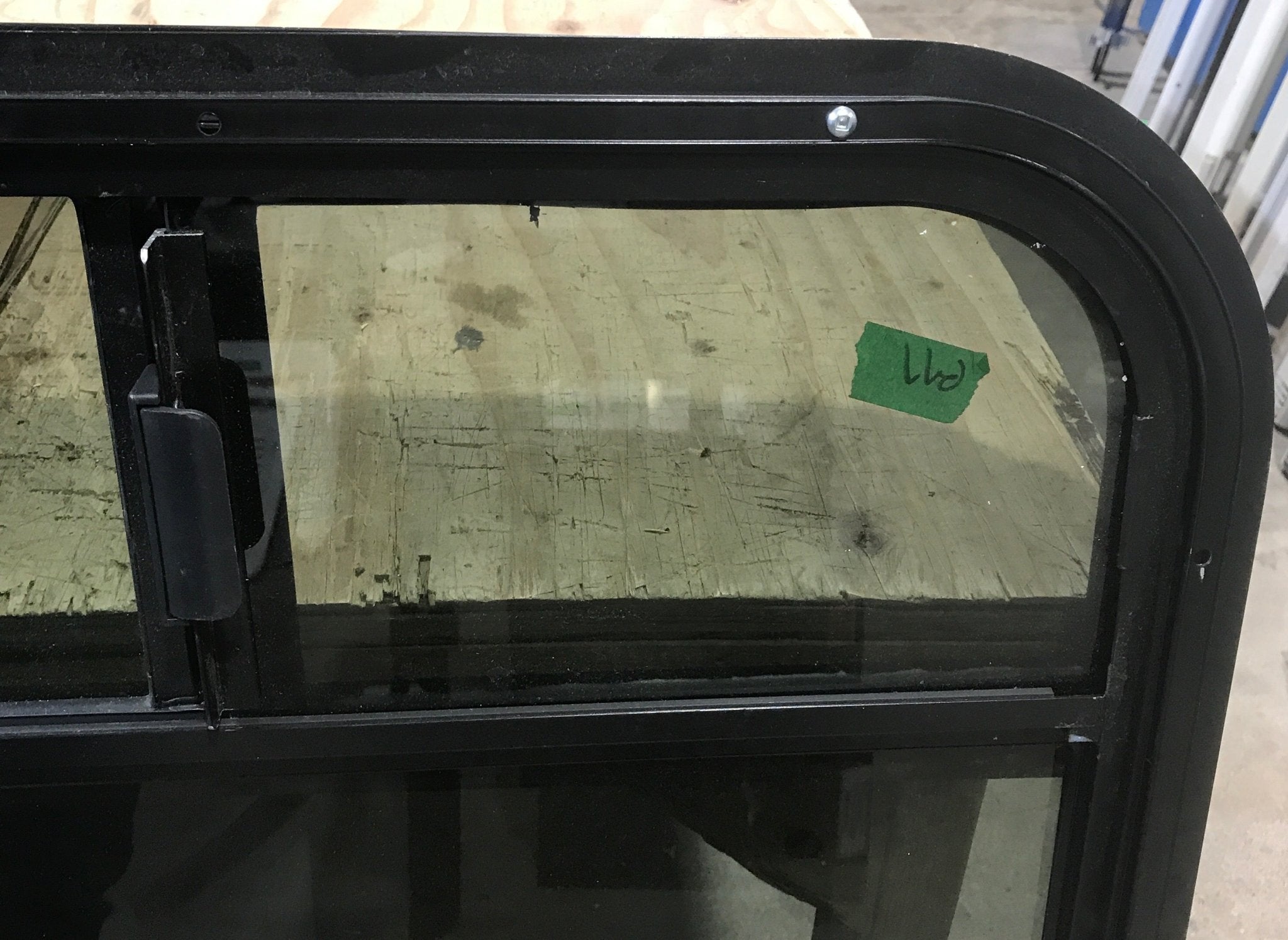 Used Black Radius Opening Window : 35 3/4" W x 36" H x 3/4" - Young Farts RV Parts