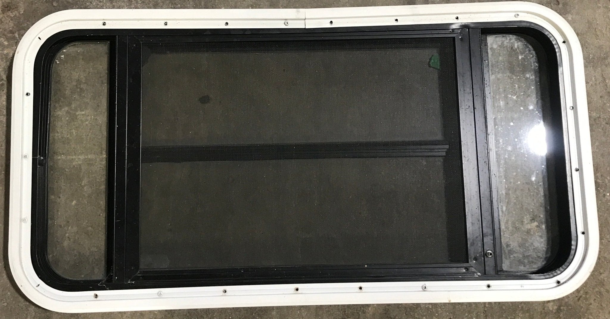 Used Black Radius Opening Window : 35" W x 17 1/4" H x 1 7/8" D - Young Farts RV Parts
