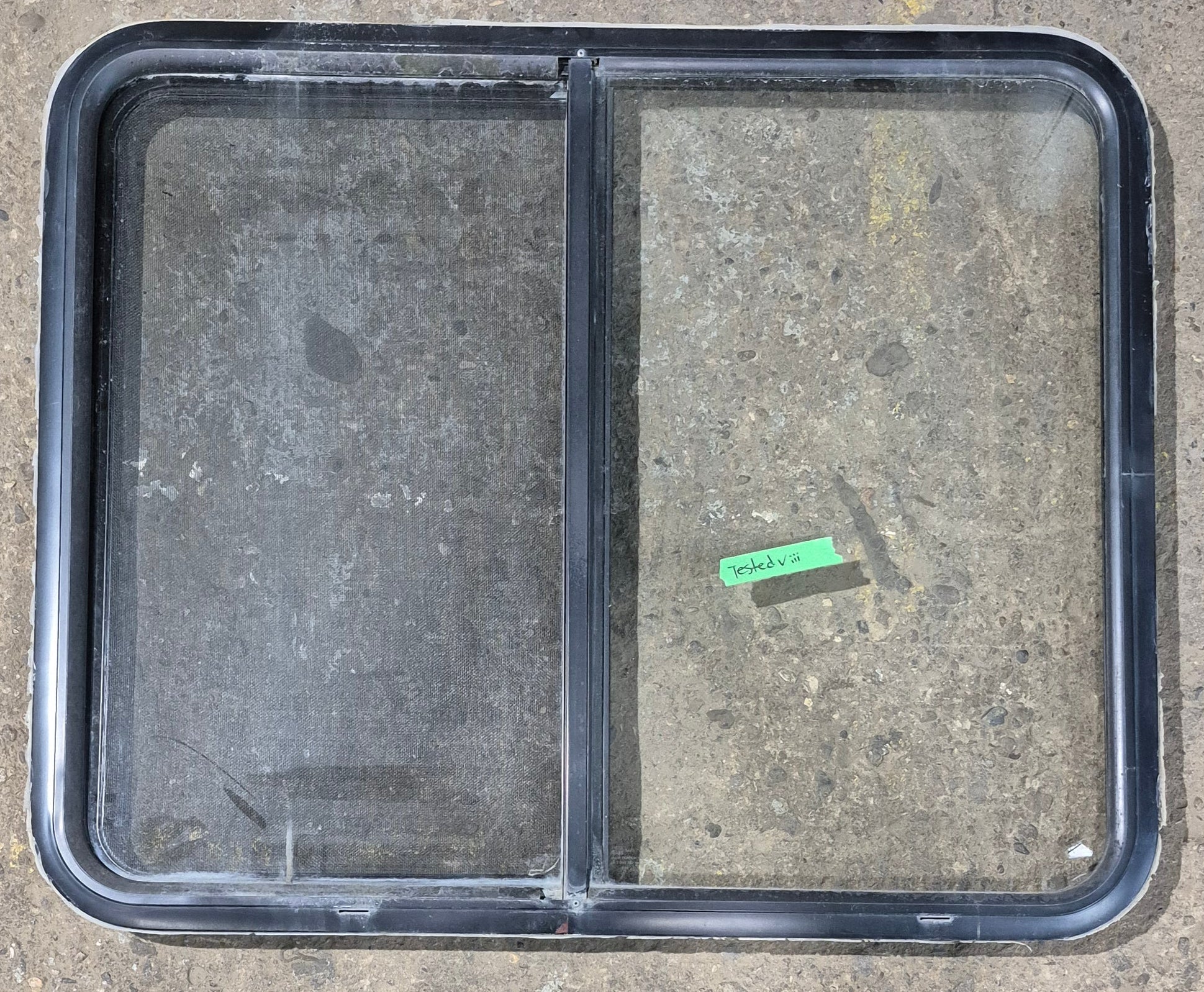 Used Black Radius Opening Window : 36 1/4" W x 29 3/4" H x 1 3/4" - Young Farts RV Parts