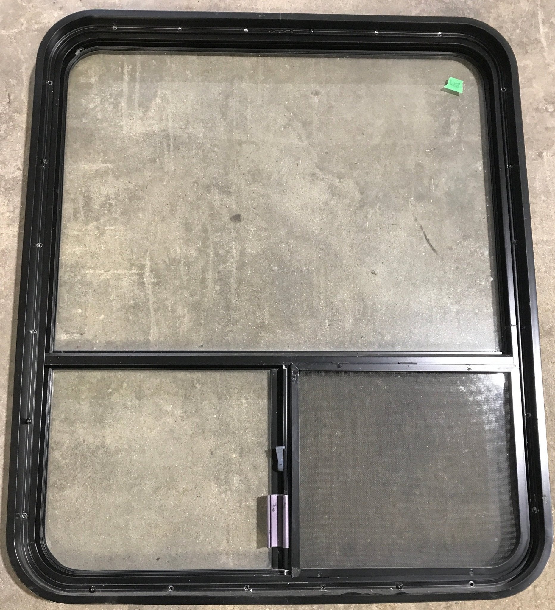 Used Black Radius Opening Window : 36 1/4" W x 30 1/4" H x 1 7/8" D - Young Farts RV Parts
