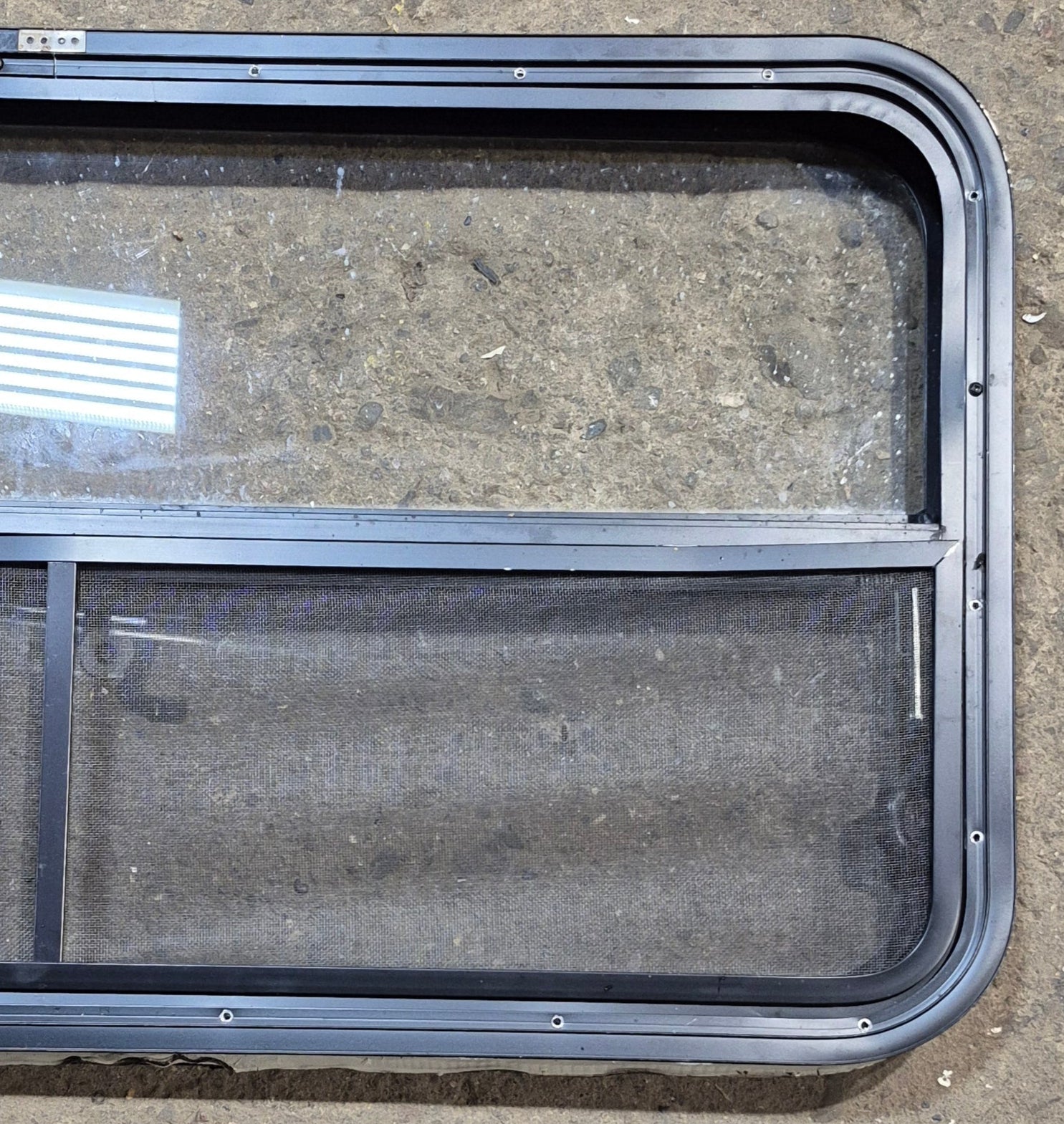 Used Black Radius Opening Window : 41 1/4" W x 21 1/4" H x 1 5/8" - Young Farts RV Parts
