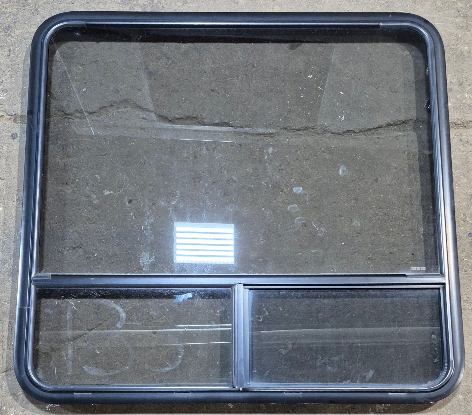 Used Black Radius Opening Window : 41 1/4" W x 39 1/2" H x 1 3/4" - Young Farts RV Parts