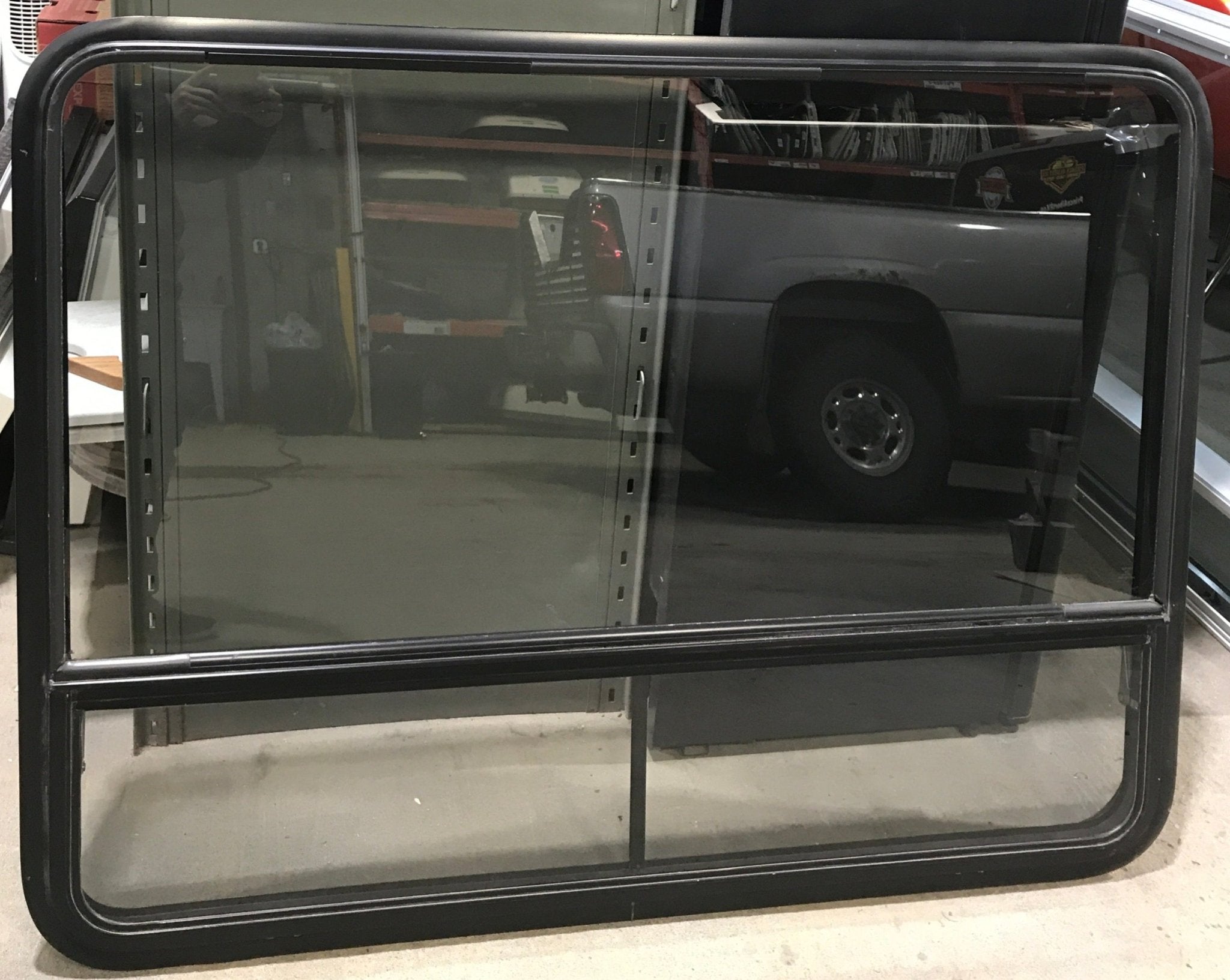 Used Black Radius Opening Window : 47 1/2" W x 35 1/2" H x 2" D - Young Farts RV Parts