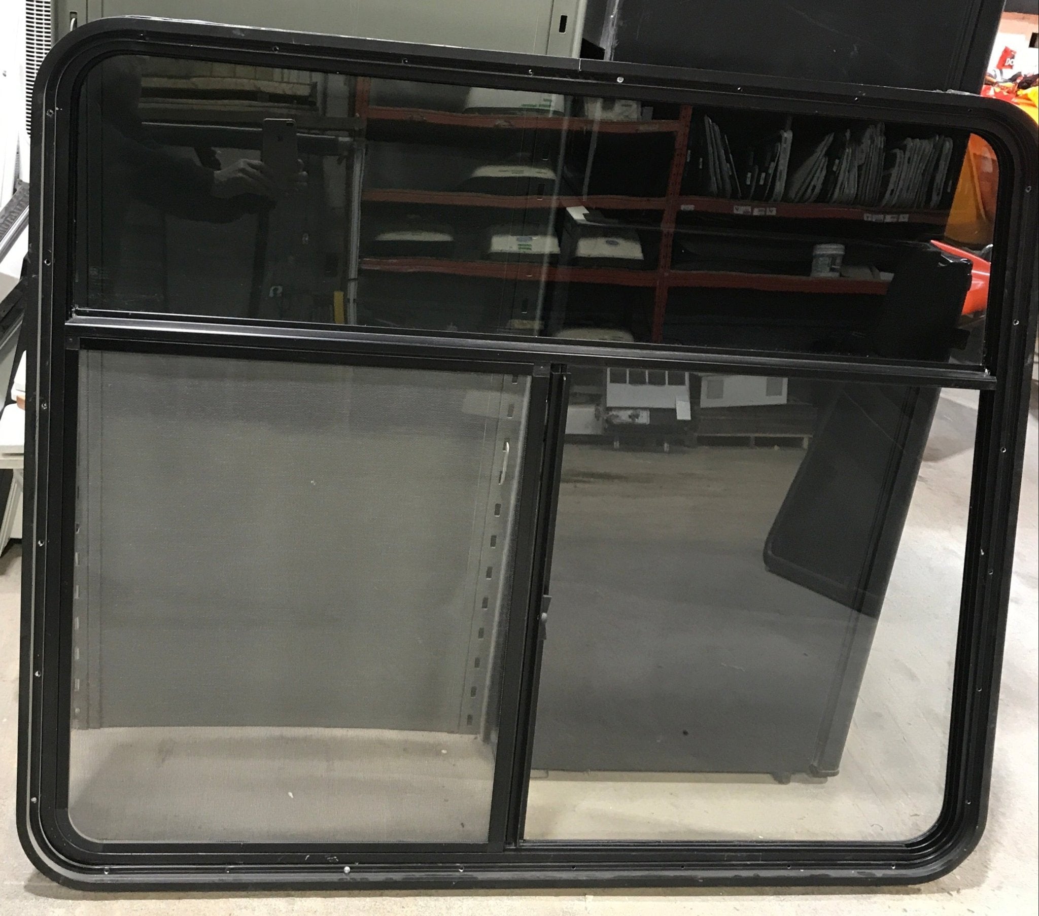 Used Black Radius Opening Window : 47 1/2" W x 39" H x 1 3/4" D - Young Farts RV Parts