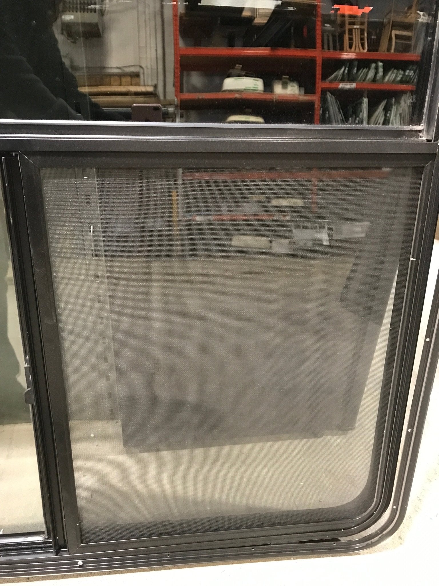 Used Black Radius Opening Window : 47 1/2" W x 39" H x 1 3/4" D - Young Farts RV Parts