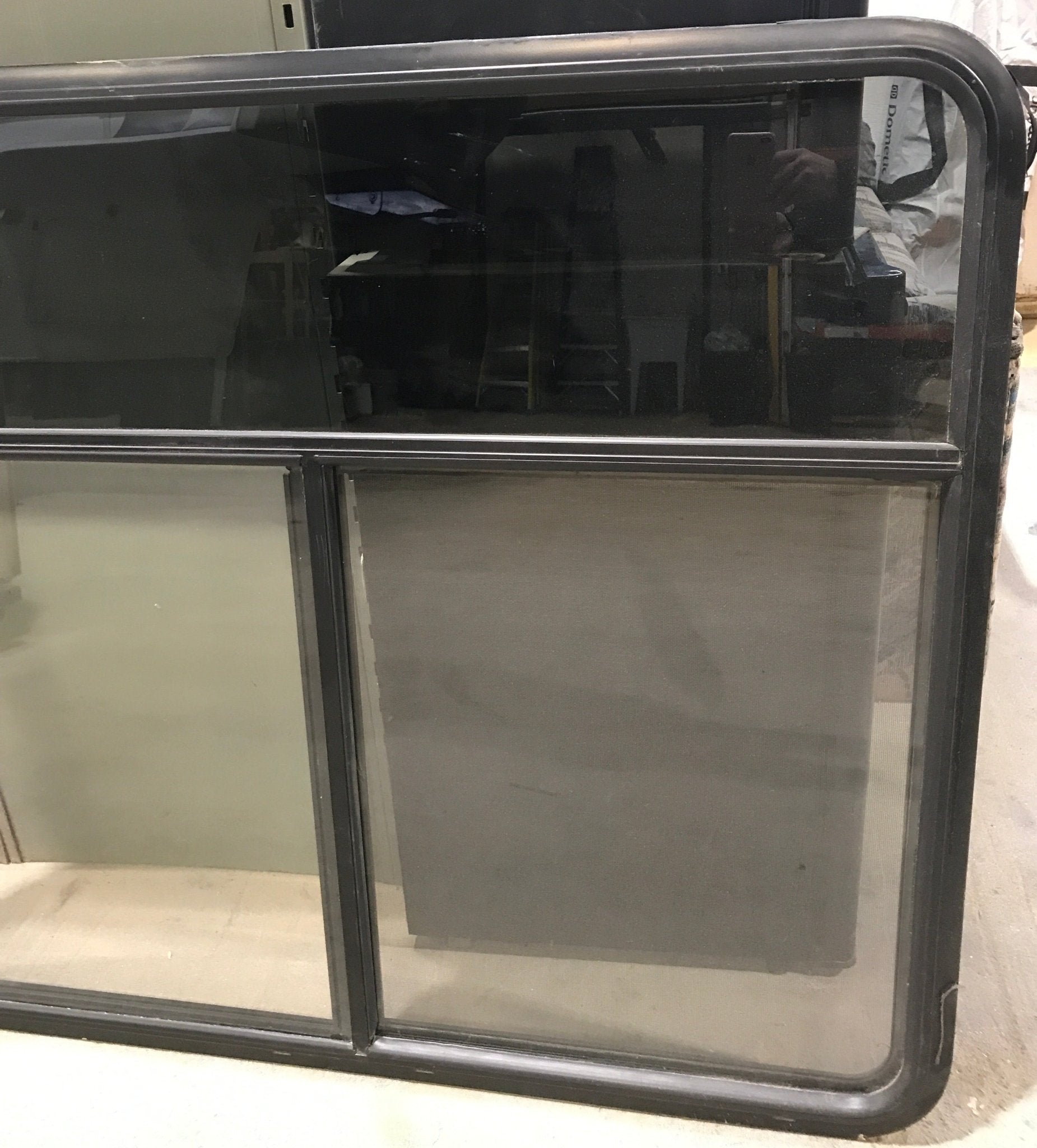 Used Black Radius Opening Window : 47 1/2" W x 39" H x 1 3/4" D - Young Farts RV Parts