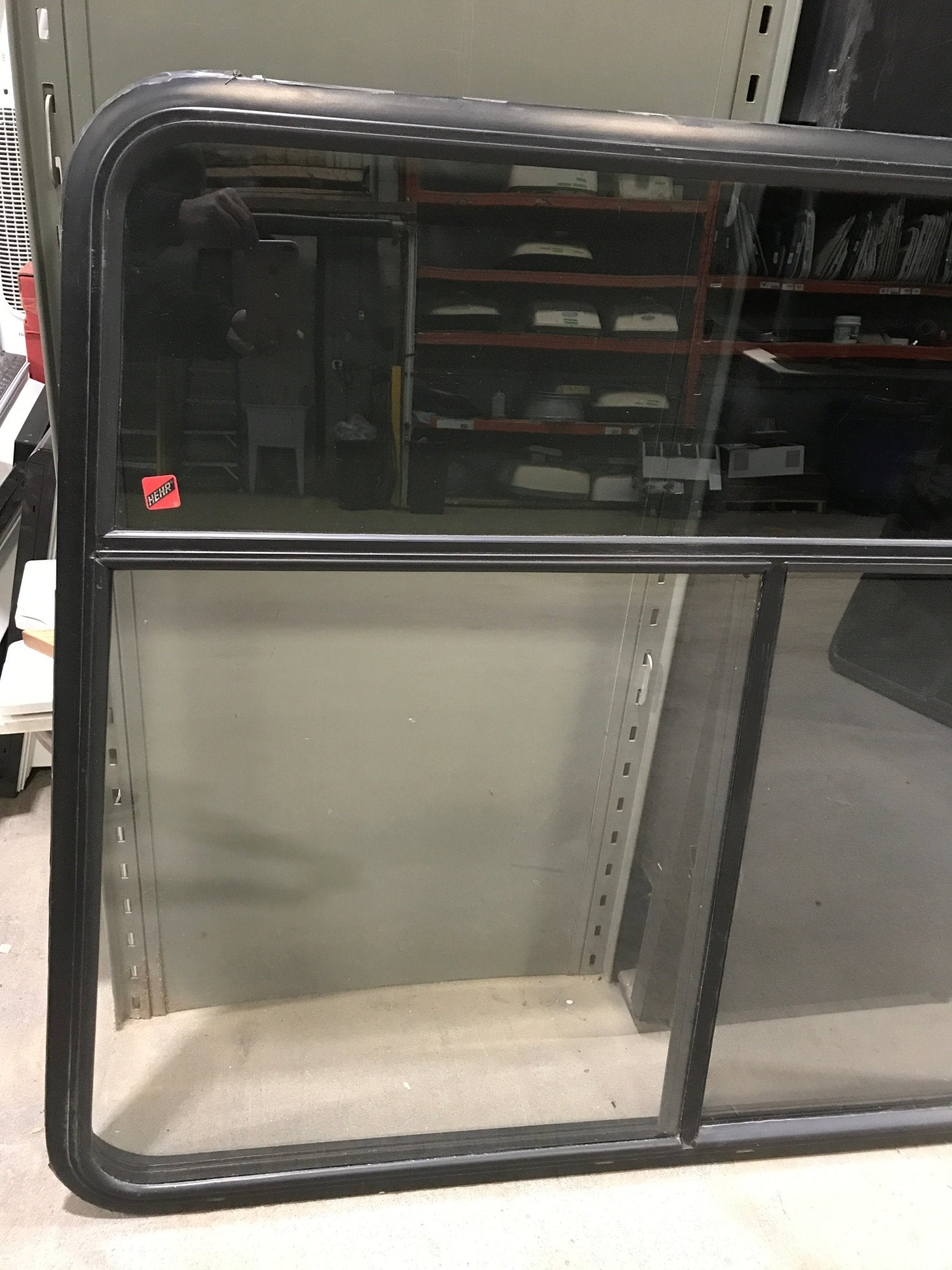 Used Black Radius Opening Window : 47 1/2" W x 39" H x 1 3/4" D - Young Farts RV Parts