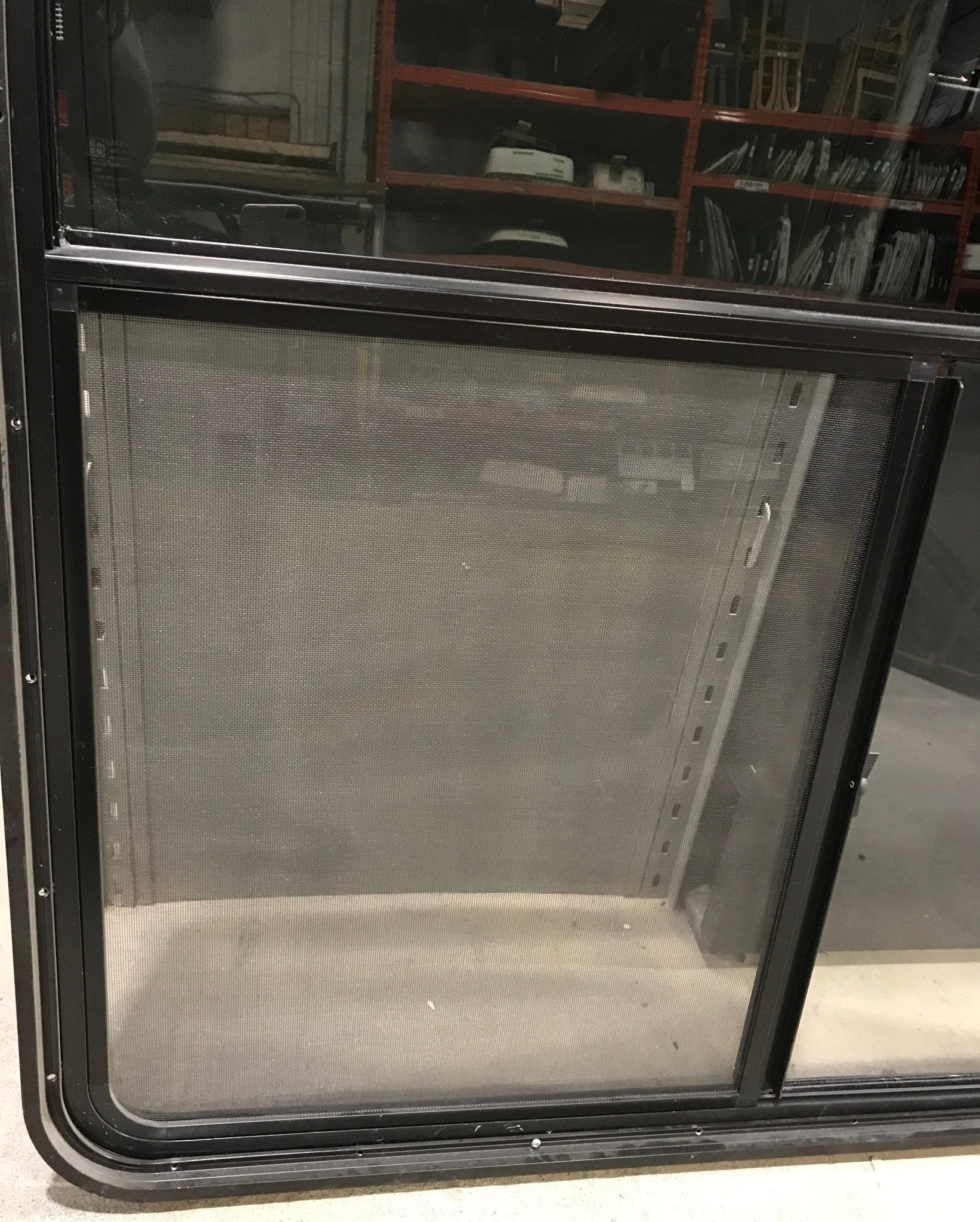 Used Black Radius Opening Window : 47 1/2" W x 39" H x 1 3/4" D - Young Farts RV Parts