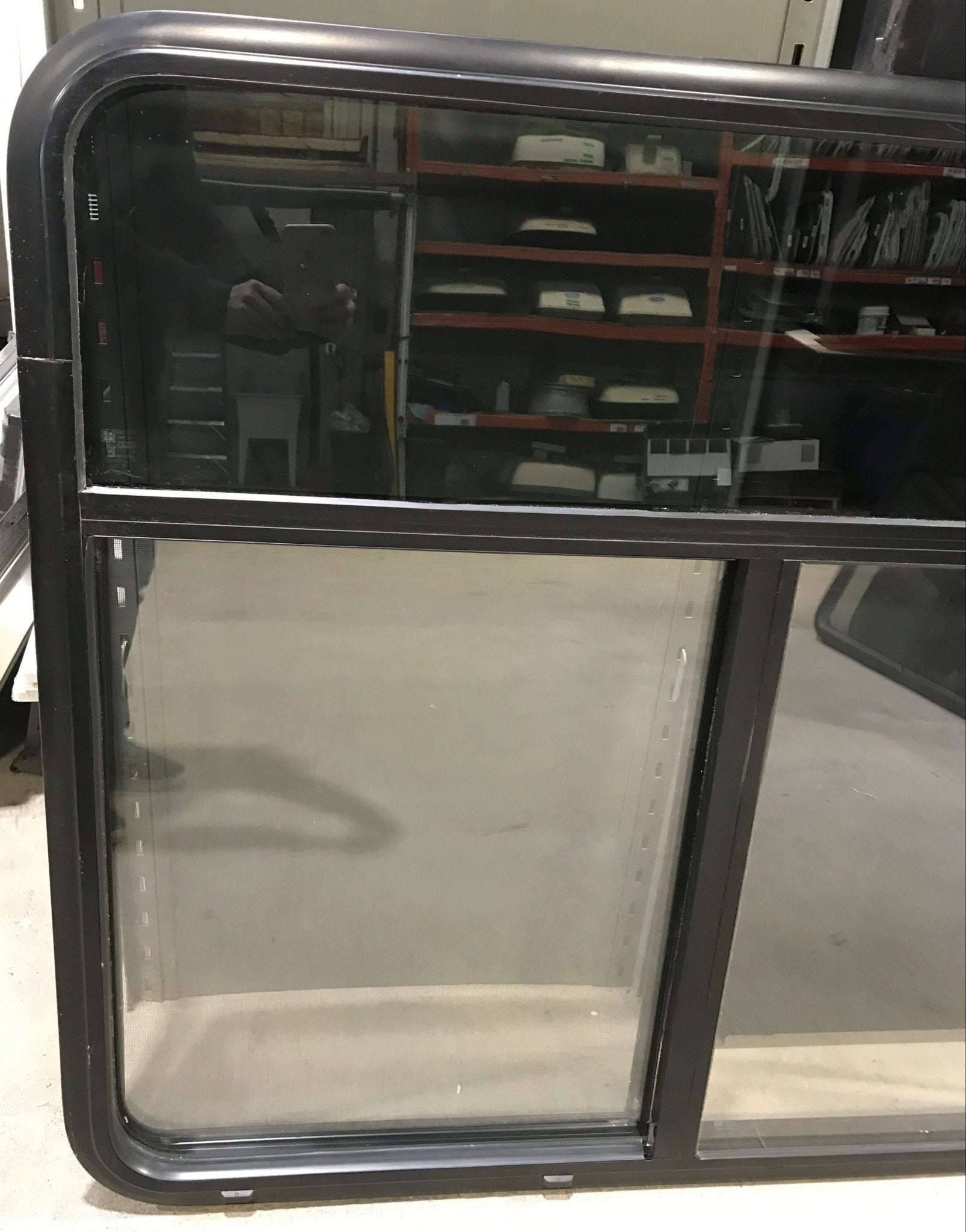 Used Black Radius Opening Window : 47 1/2" W x 39" H x 1 3/4" D - Young Farts RV Parts