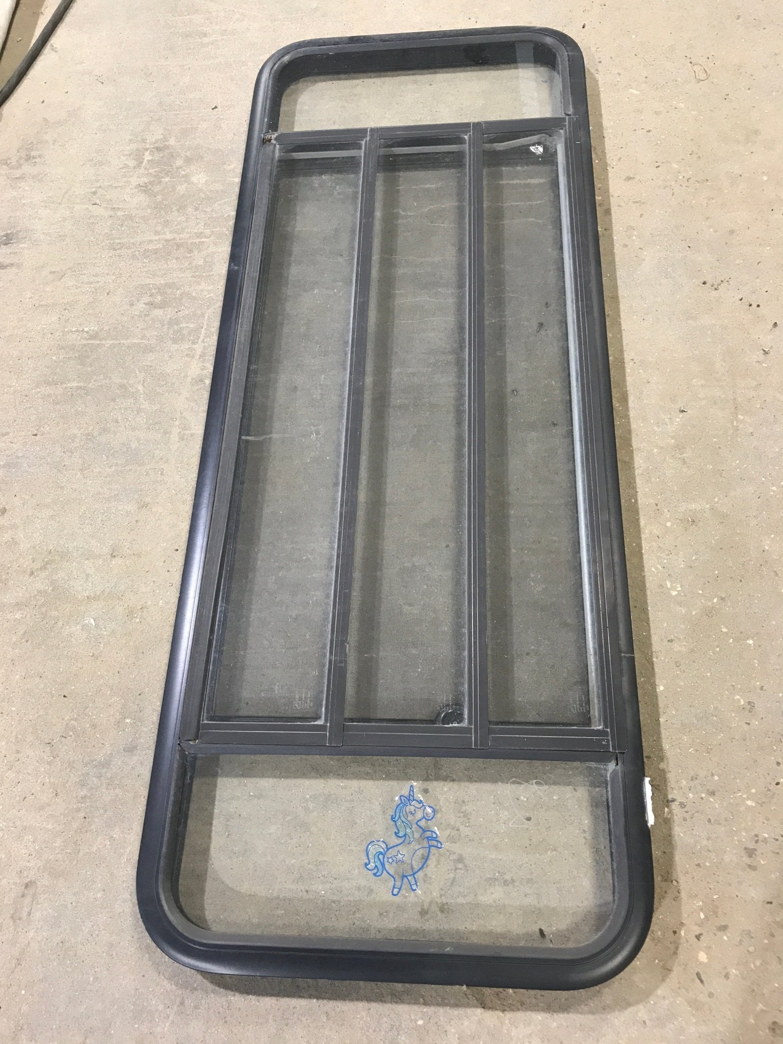 Used Black Radius Opening Window : 60" W x 21 3/4" H x 2" D - Young Farts RV Parts