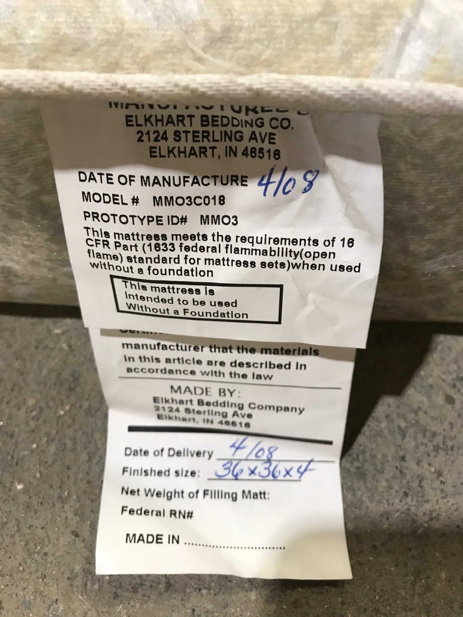 Used Bunk Mattress 36" x 36" x 4" D - Young Farts RV Parts