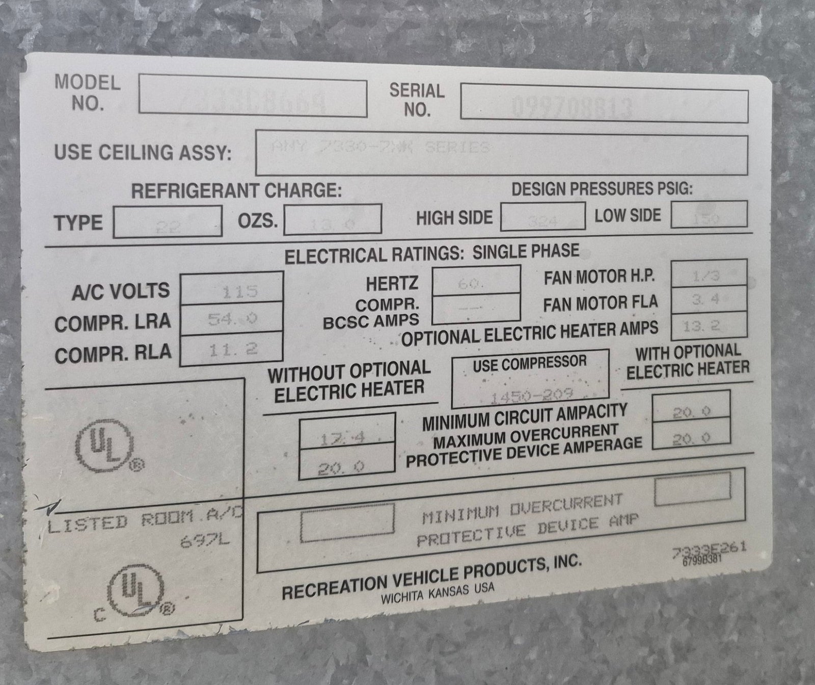 Used Coleman Air Conditioner Head Unit, 13500 BTU, Cool Only - 7333C8664 - Young Farts RV Parts