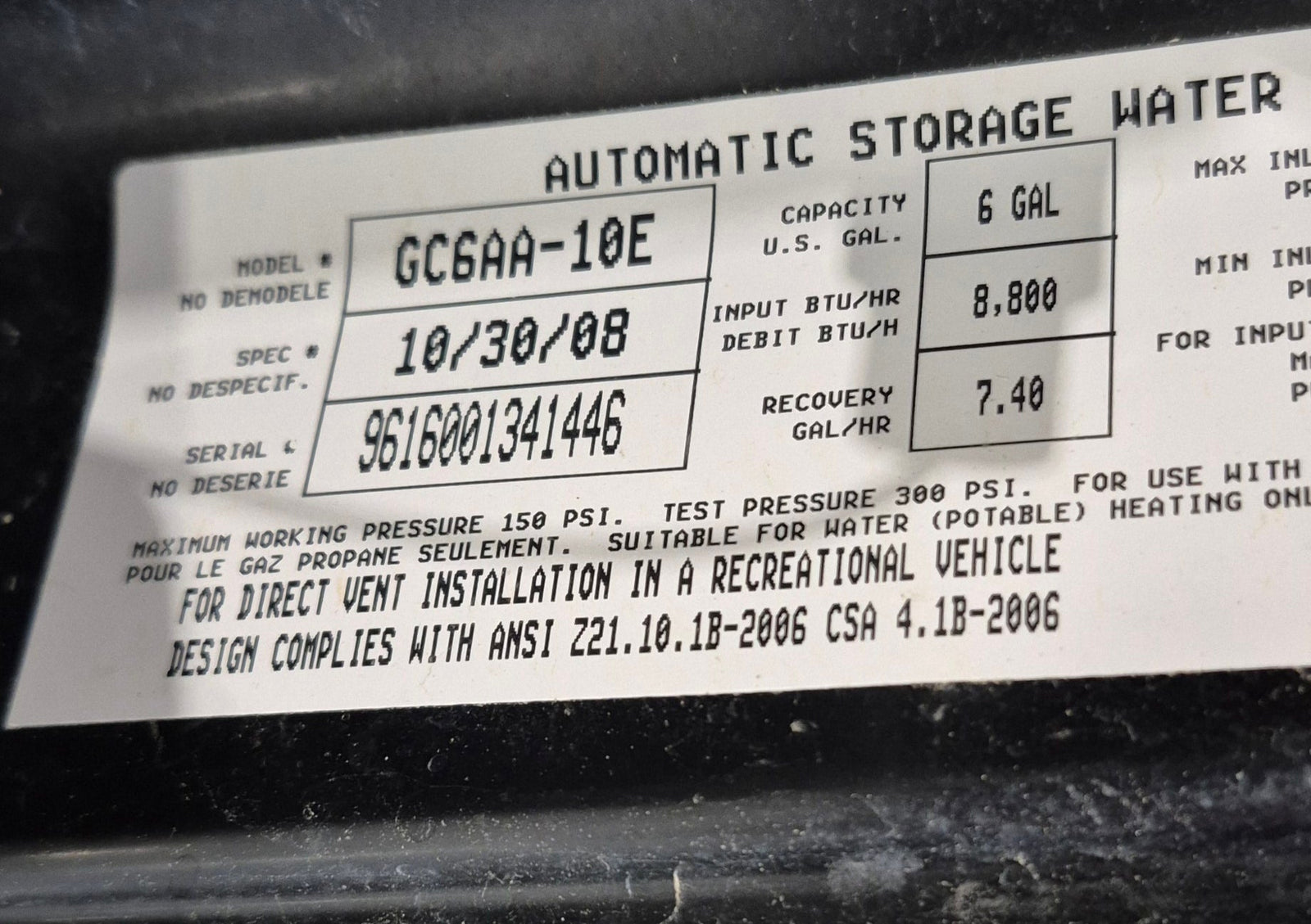 Used Complete Atwood GC6AA - 10E Hot Water Heater 6 Gal. - Young Farts RV Parts
