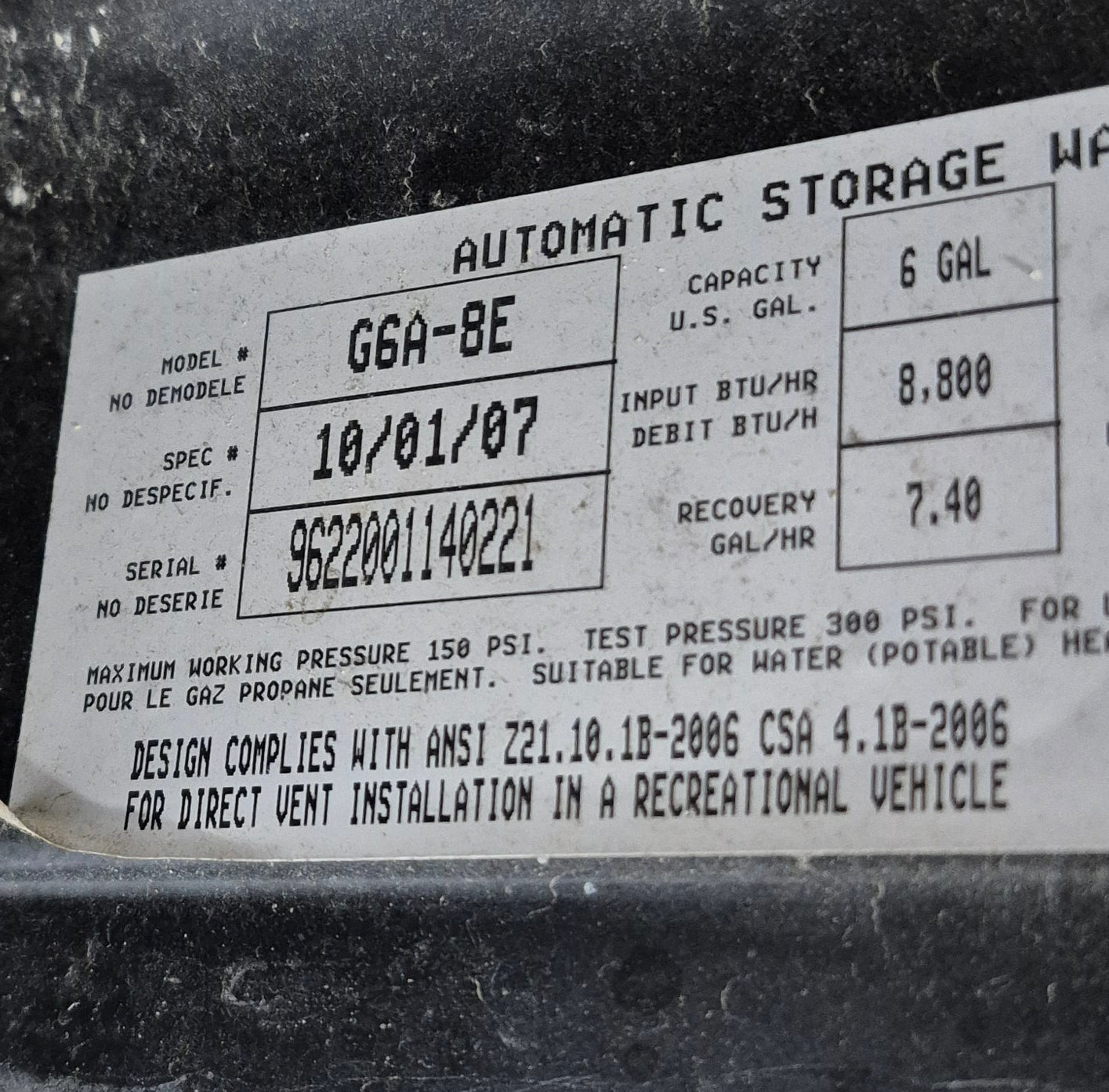 Used Complete Atwood Hot Water Heater, 6 Gal. - G6A - 8E - Young Farts RV Parts