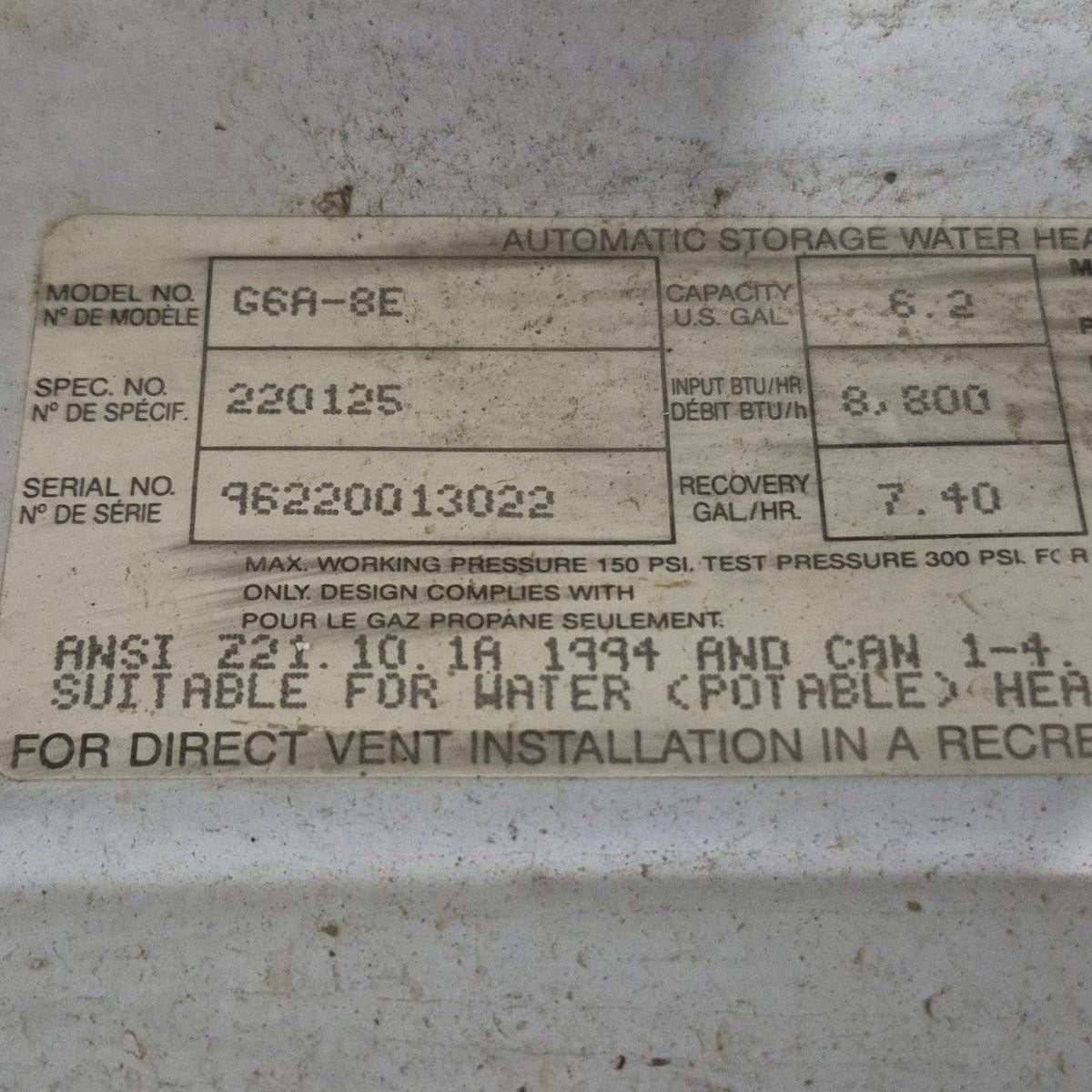 Used Complete Atwood Hot Water Heater, 6 Gal. - G6A - 8E - Young Farts RV Parts