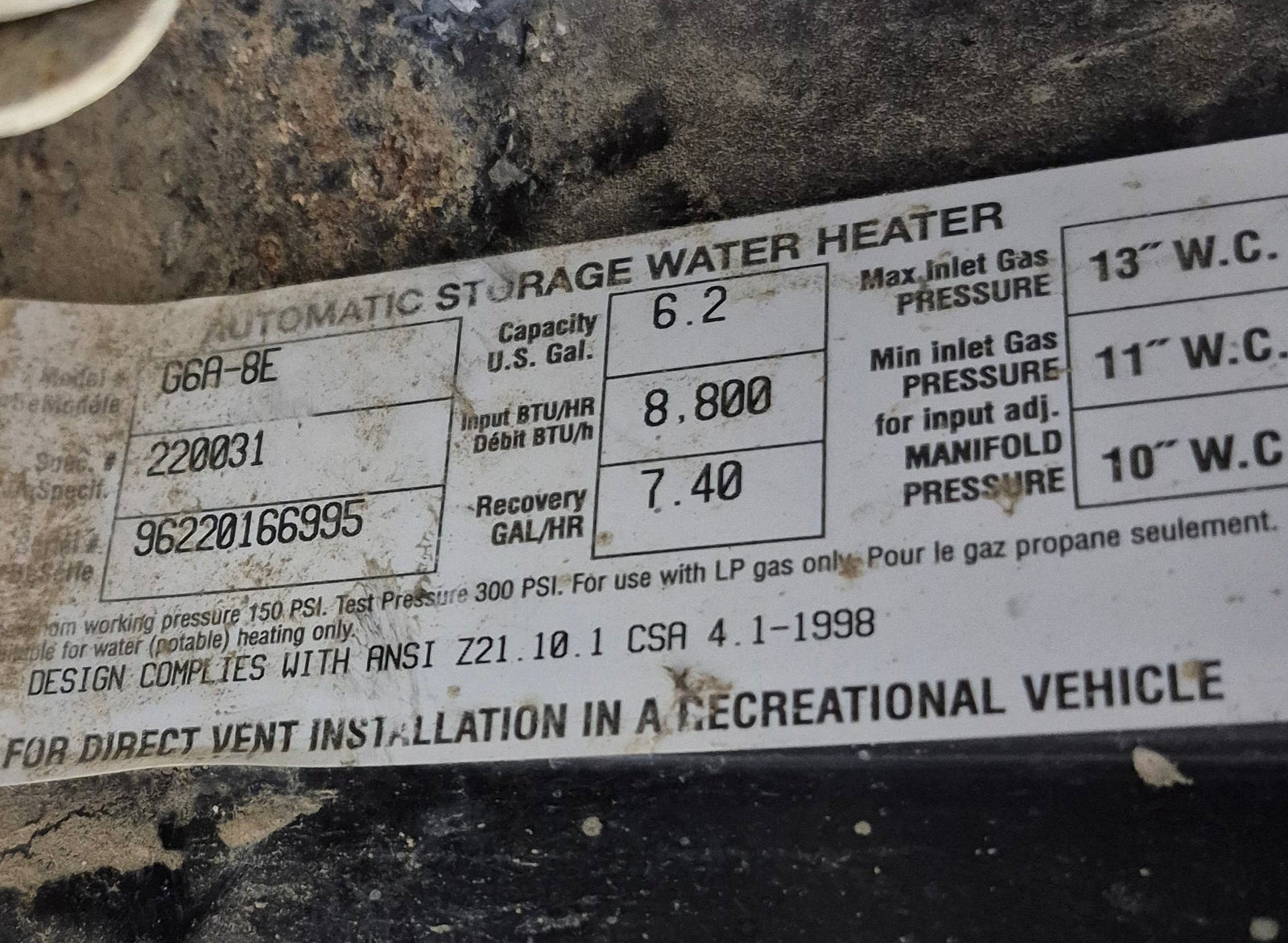 Used Complete Atwood Hot Water Heater, 6 Gal. - G6A - 8E - Young Farts RV Parts