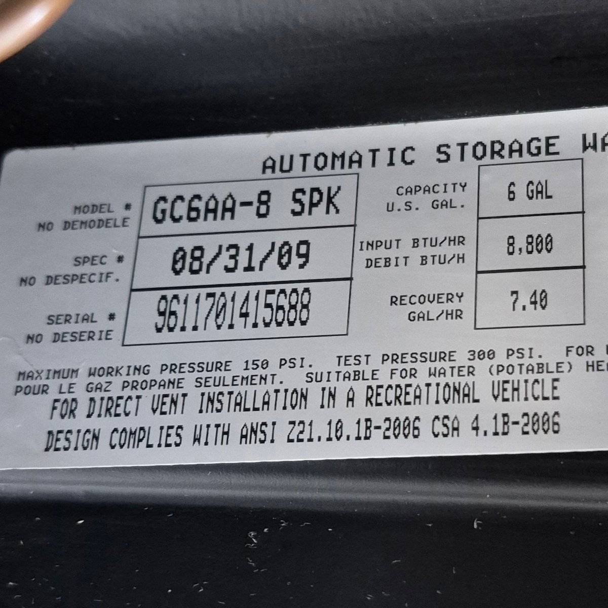 Used Complete Atwood Hot Water Heater, 6 Gal. - GC6AA - 8SPK - Young Farts RV Parts